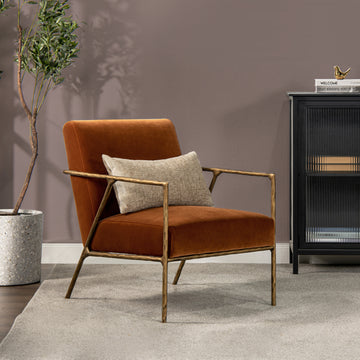 Aerin 24.5" Hammered Brass Upholstered Accent Arm Chair, Burnt Orangeperformance Velvet Burnt Orange Foam Velvet