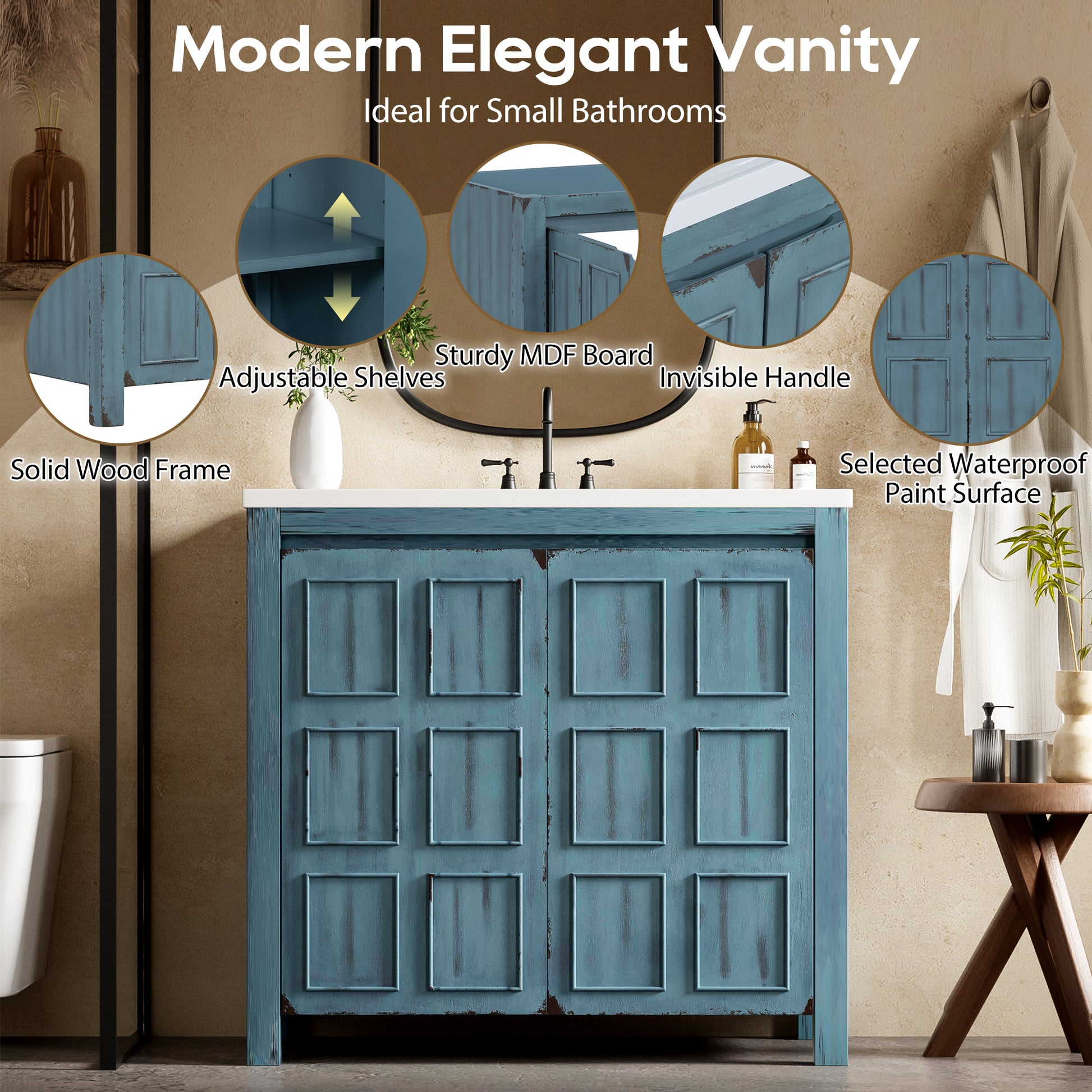 36" Bathroom Vanity Organizer With Sink, Combo Cabinet Set, Bathroom Storage Cabinet, Retro Lue Retro Blue Solid Wood Mdf Resin