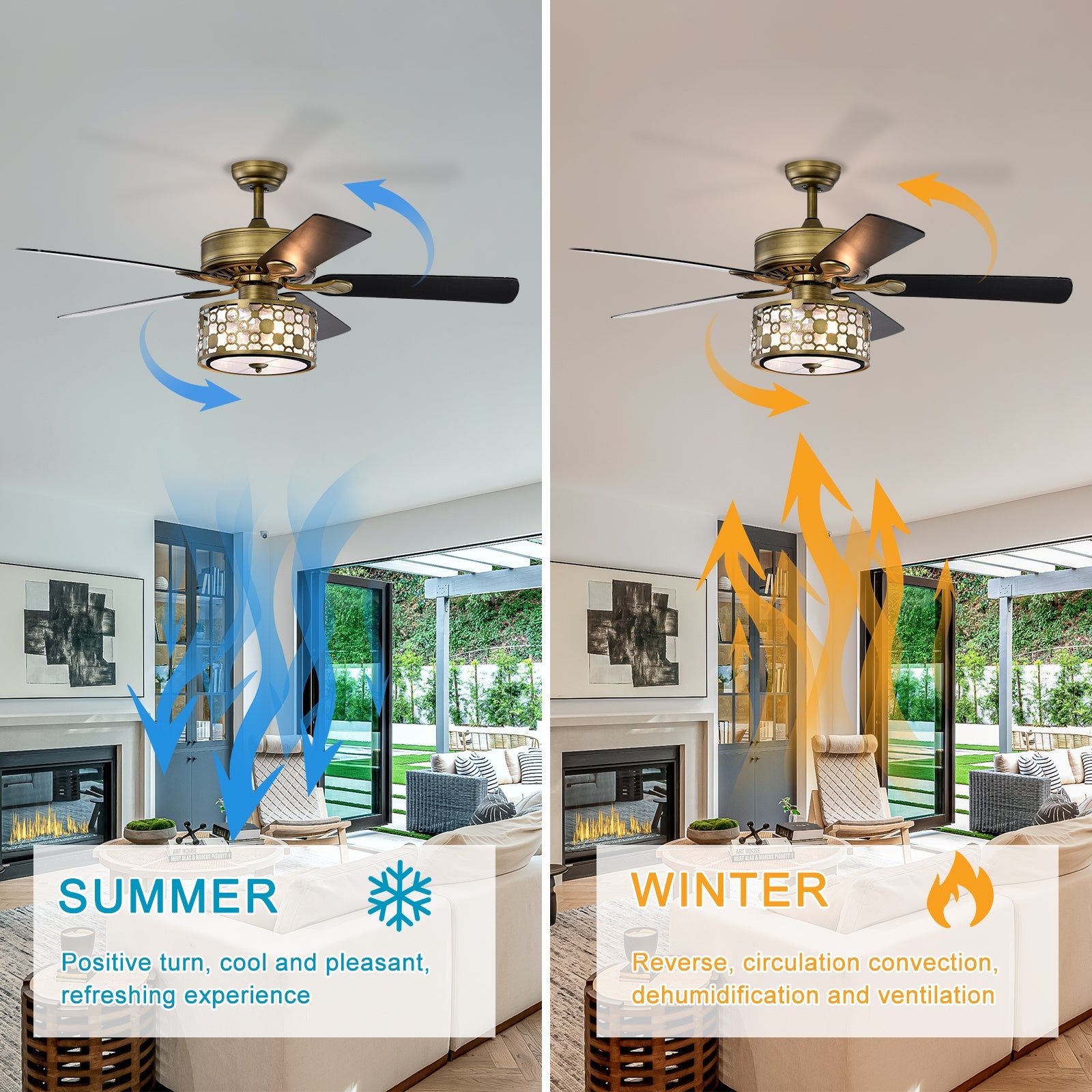 52Inch Antique Bronze Metal 3 Lights Crystal Ceiling Fan With 5 Wood Blades, Two Color Fan Blade, Ac Motor, Remote Control, Reversible Airflow, 3 Speed, Adjustable Height, Traditional Ceiling Fan Antique Brass American Design,American