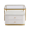 Modern 2 Pieces White Square Nesting Coffee Table With Drawers & Electroplated Gold Legs In 27.6'' Golden White Square Drawers Coffee & End Tables Glossy Square Mdf Glass Mdf Pedestal