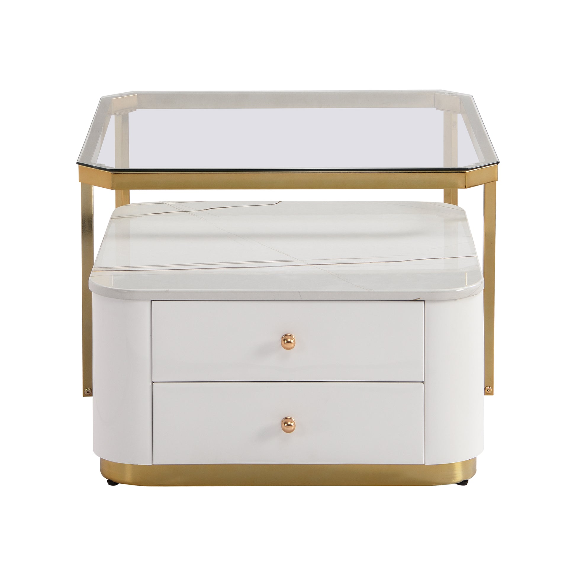 Modern 2 Pieces White Square Nesting Coffee Table With Drawers & Electroplated Gold Legs In 27.6'' Golden White Square Drawers Coffee & End Tables Glossy Square Mdf Glass Mdf Pedestal