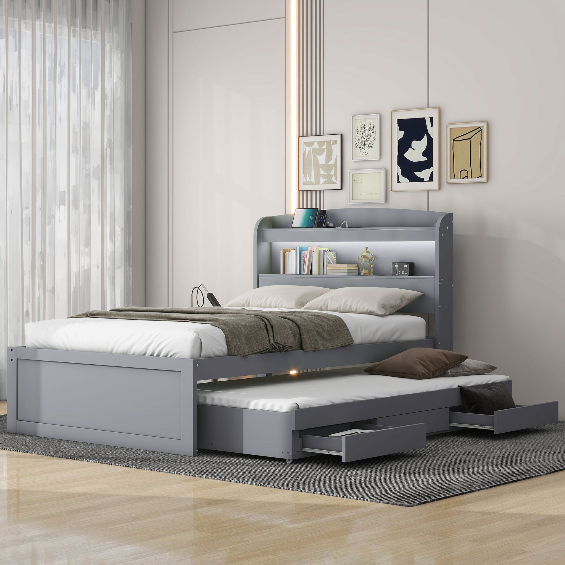 Twin Xl Size Platform Bed With Storage Led Headboard, Charging Station, Twin Size Trundle And 2 Drawers, Gray Box Spring Not Required Twin Xl Gray Wood Bedroom Bed Frame Solid Wood Mdf