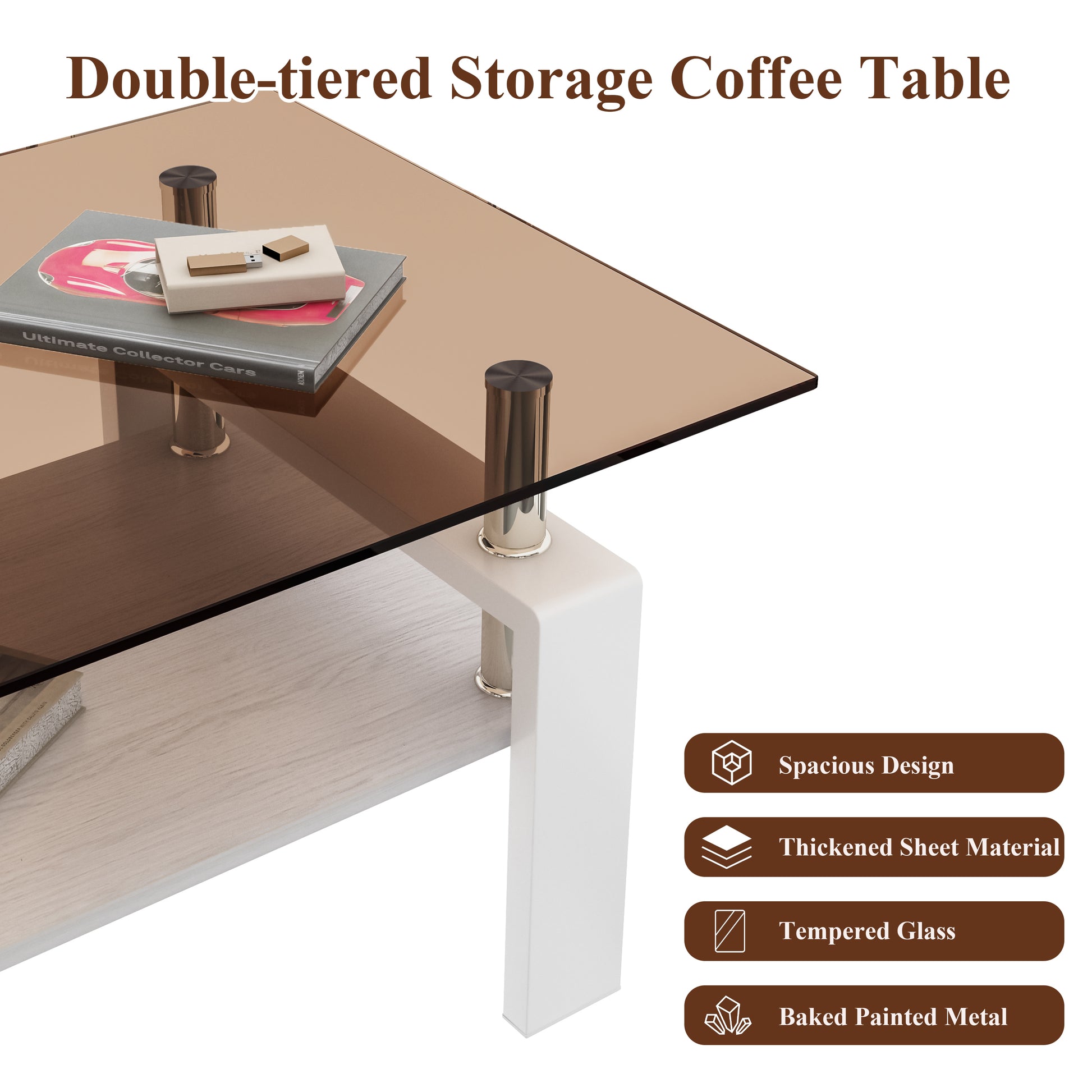 Rectangle Coffee Table, Tempered Glass Tabletop With Mdf Layer, Modern Table For Living Roombrown Glass Brown White Tempered Glass