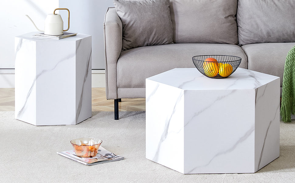 Modern Minimalist Style Hexagonal White Marble Patterned Mdf Coffee Table Set Two Piece Set .Complex Texture Patterns, Style And Texture Coffee Table To Redefine Your Interior Decoration. White Mdf