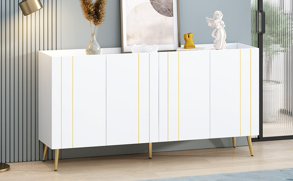 Luxurious Shoe Cabinet With 5 Metal Legs, Modern Tv Stand With 4 Adjustable Shelves For Tvs Up To 70", Minimalist Sideboard Cabinet With Gold Lines Doors For Living Room,62.9"X 31.4",White White