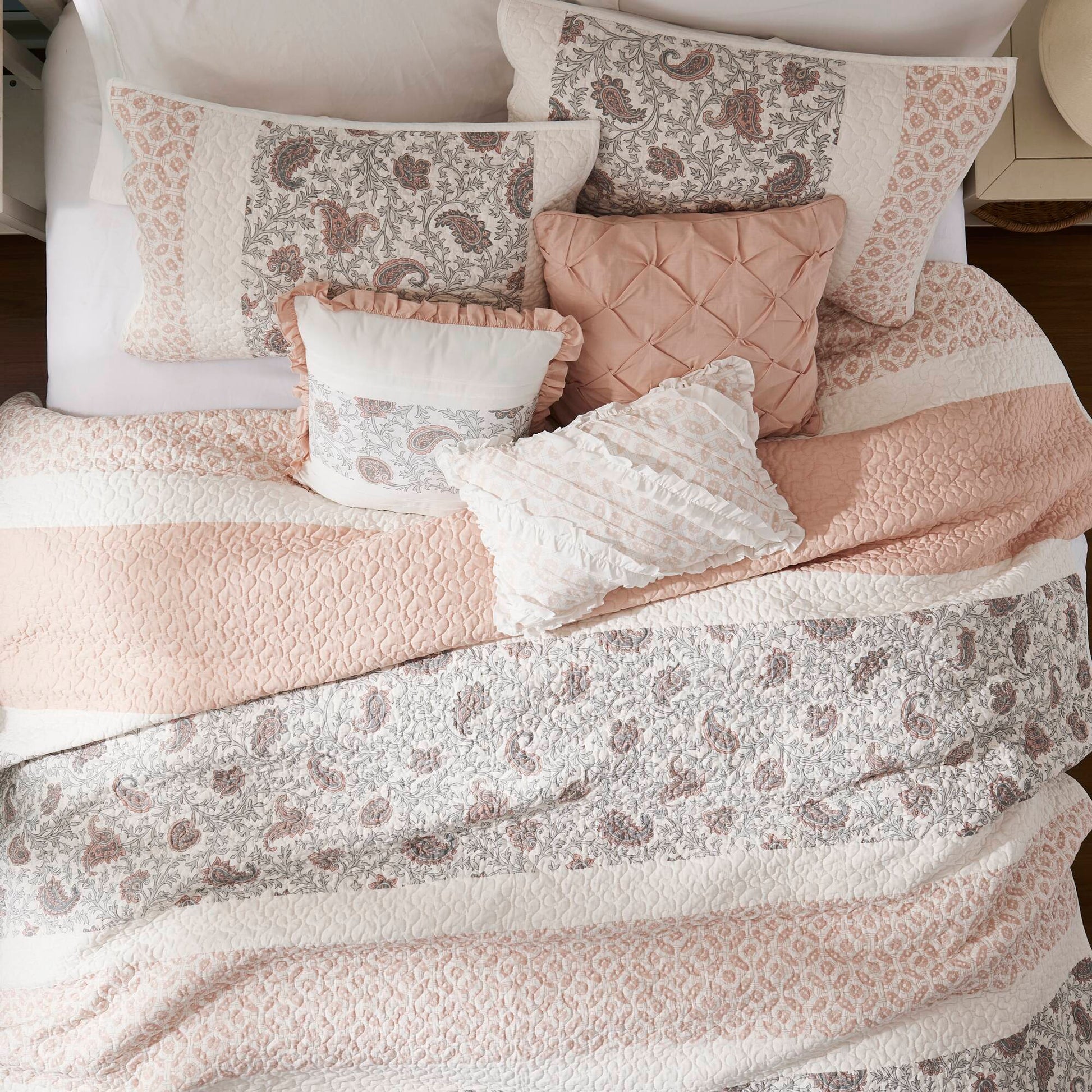 6 Piece Cotton Percale Quilt Set With Throw Pillows Blush Full Queen Full Blush Polyester