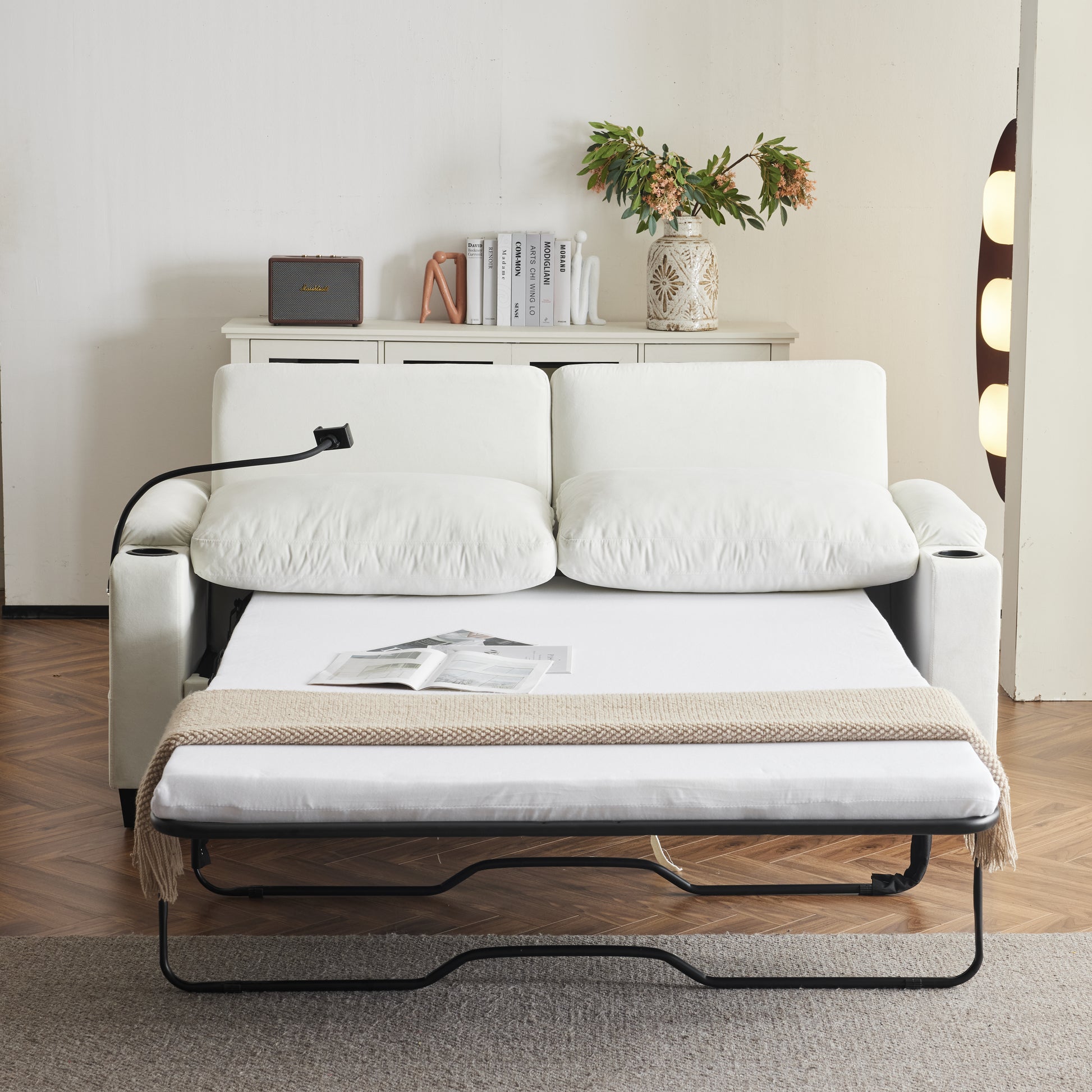 73.63*27.96 Pull Out Sofa Bed, Chenille Material, Pull Out Queen Sofa Bed With Memory Foam Mattress, For Living Room, Bedroom, Office, Apartment, White White Minimalist Chenille,Metal & Wood