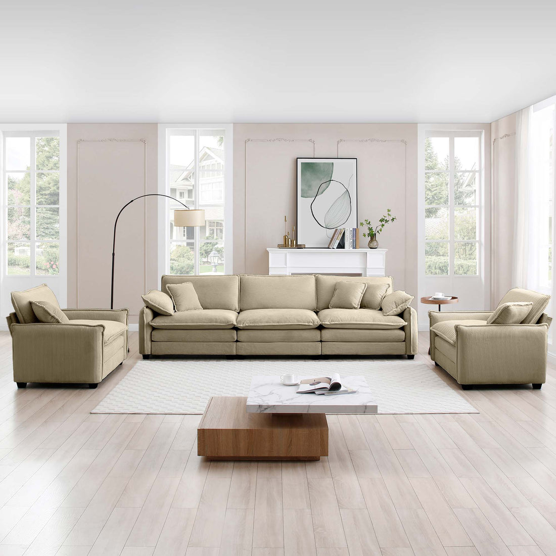 Warm And Cozy Sofa Set With Soft Cushions And Pillows, Home Theater Style Sofa Set Consisting Of A 3 Seater Sofa And Two Single Sofas In Tan Corduroy Fabric Tan Corduroy 5 Seat