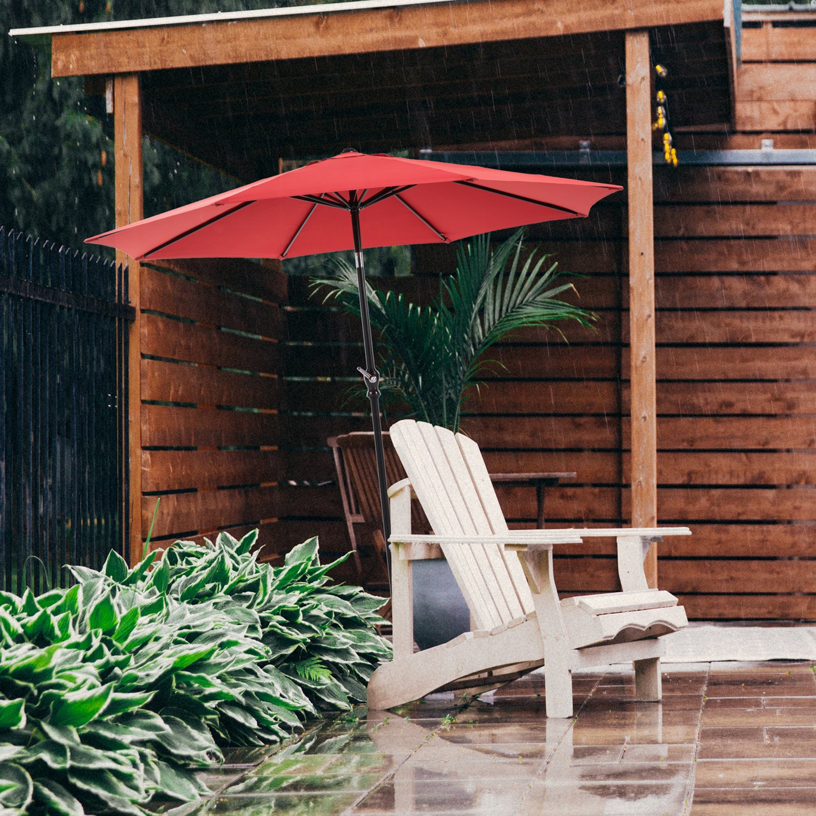 9 ft red wooden patio umbrella 9 Foot Outdoor Patio Umbrella With Button Tilt And Crank, Outdoor Patio Market Table Umbrella Uv Protected And Waterproof, Red Red Polyester