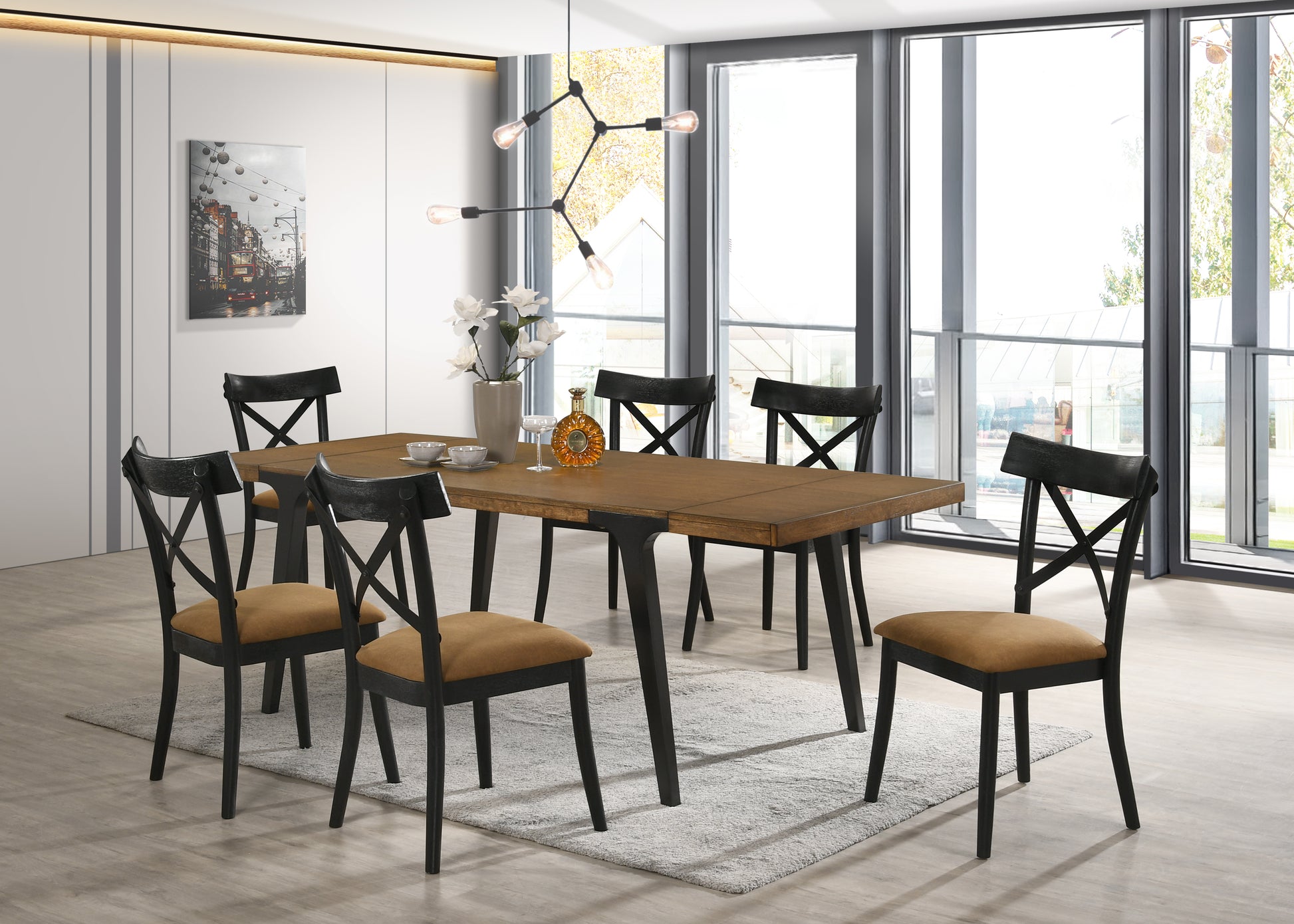 Walnut And Black Extendable Dining Table With 2 Leaf Walnut Black Seats 6 Dining Room Modern Rectangular Wood Metal