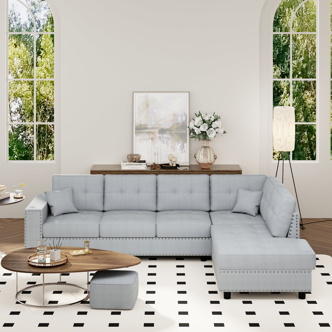 109.2''L Shaped Modular Sectional Sofa With Removable Back Cushions And 2 Pillows, Suitable For Living Rooms, Offices, And Apartments Light Gray Polyester 5 Seat