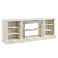 Large Tv Desk Storage Rack With Faux Stacked Stone Surround,Media Console Table With Large Storage Cabinet,Modern Tv Media Entertaionment Stand,White, 70.12