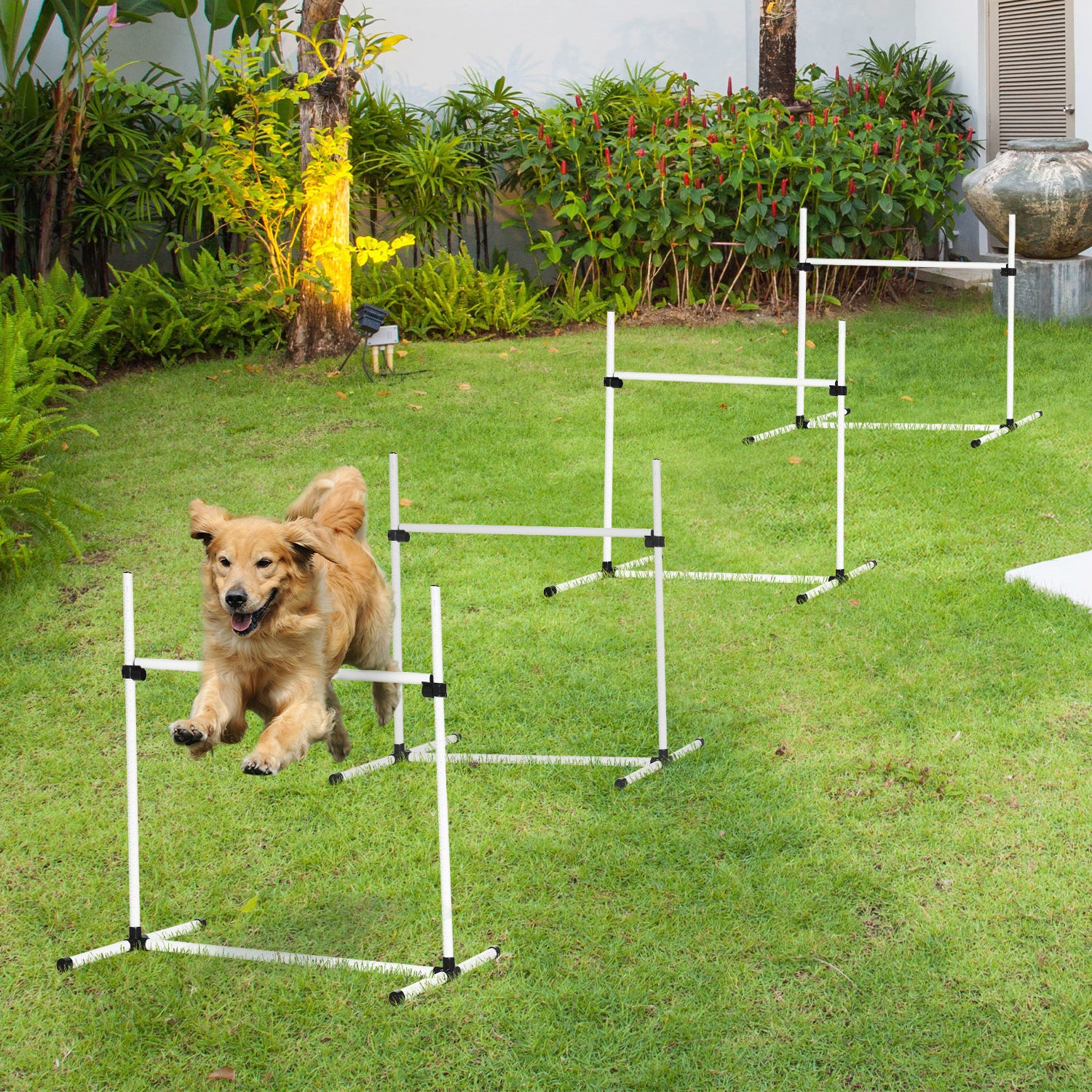 Pawhut 4 Piece Dog Agility Training Equipment For Dog Agility Course With Adjustable Height Jump Bars, Included Carry Bag, & Displacing Top Bar, White White Plastic