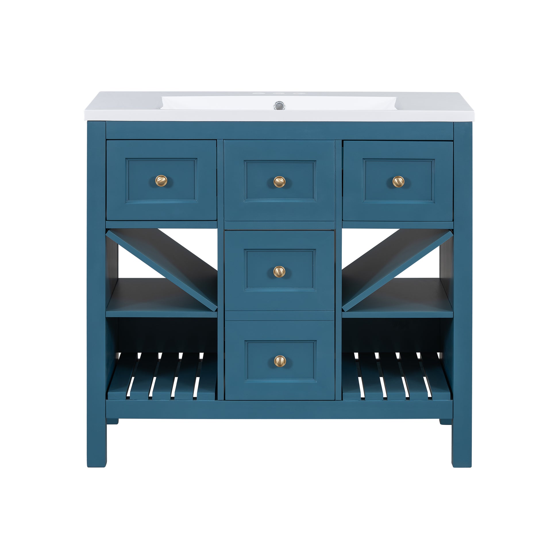 36'' Bathroom Vanity With Resin Sink Combo, Solid Wood Frame Bathroom Storage Cabinet, Freestanding Vanity Set With 5 Drawers& Soft Closing Doors Same As Sw000141Aam Blue Bathroom Solid Wood Mdf Resin