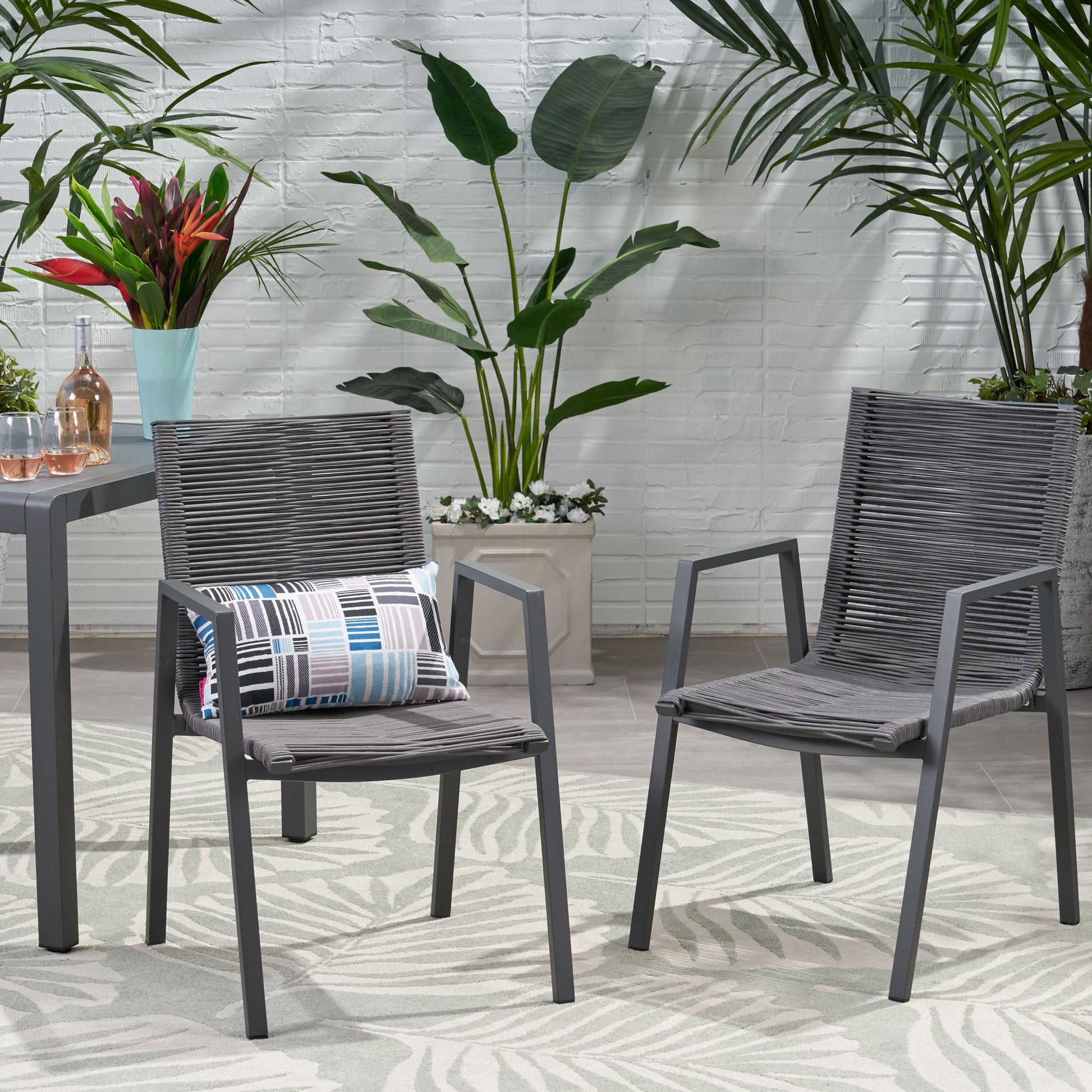 Outdoor Modern Aluminum Dining Chair With Rope Seat Set Of 2 , Gray And Dark Gray Dark Grey Aluminium