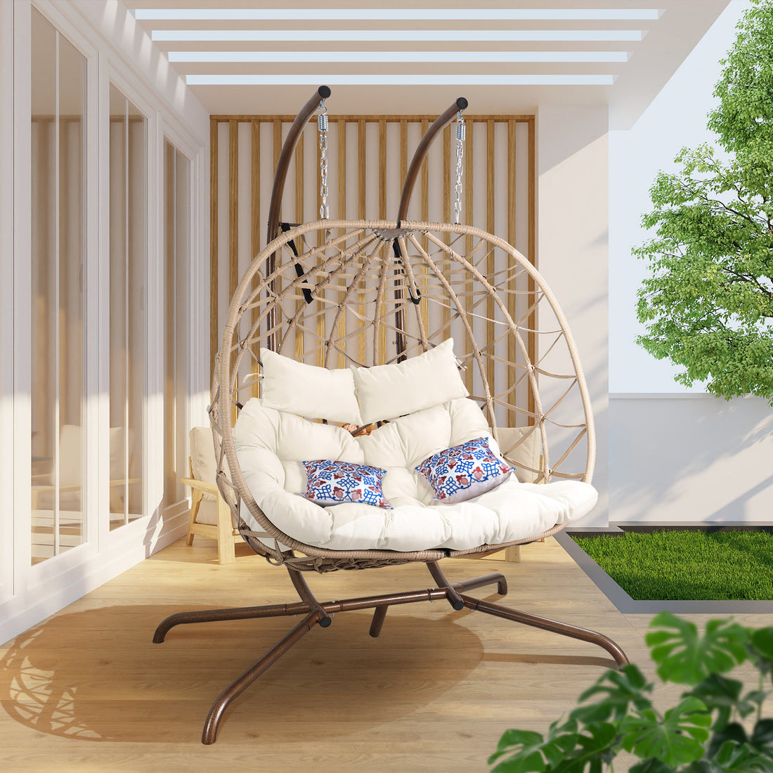 Outdoor Egg Swing Chair With Stand,Thick Cushions And Pillow Yes Deep Seating White Water Resistant Frame Fade Resistant Cushion Garden & Outdoor Classic 2 Person Seating Group Cotton Rattan Metal