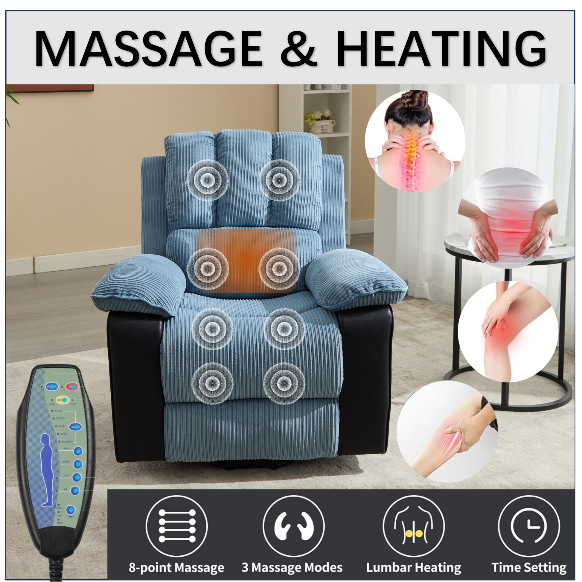 Recliner Chair With Heat And Vibrating Massage, Comfy Padded Overstuffed Soft Fabric Heated Recliner Blue And Black Black Blue Power Push Button Metal ... Recliner Chair With Heat And Vibrating Massage, Comfy Padded Overstuffed Soft Fabric Heated Recliner Blue And Black Black Blue Power Push Button Metal ...