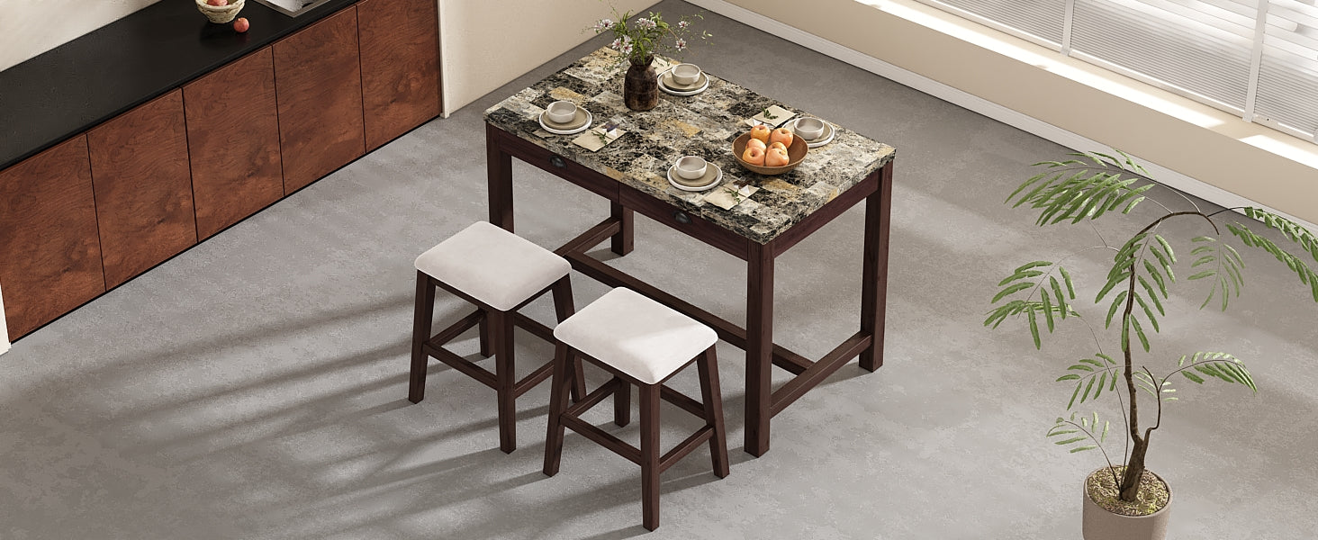 3 Piece Modern Faux Marble Versatile Bar Table Set With Storage Drawers And Padded Stools, Ideal For Space Saving Dining Nooks Or Small Kitchens Walnut Walnut Solid Wood Mdf