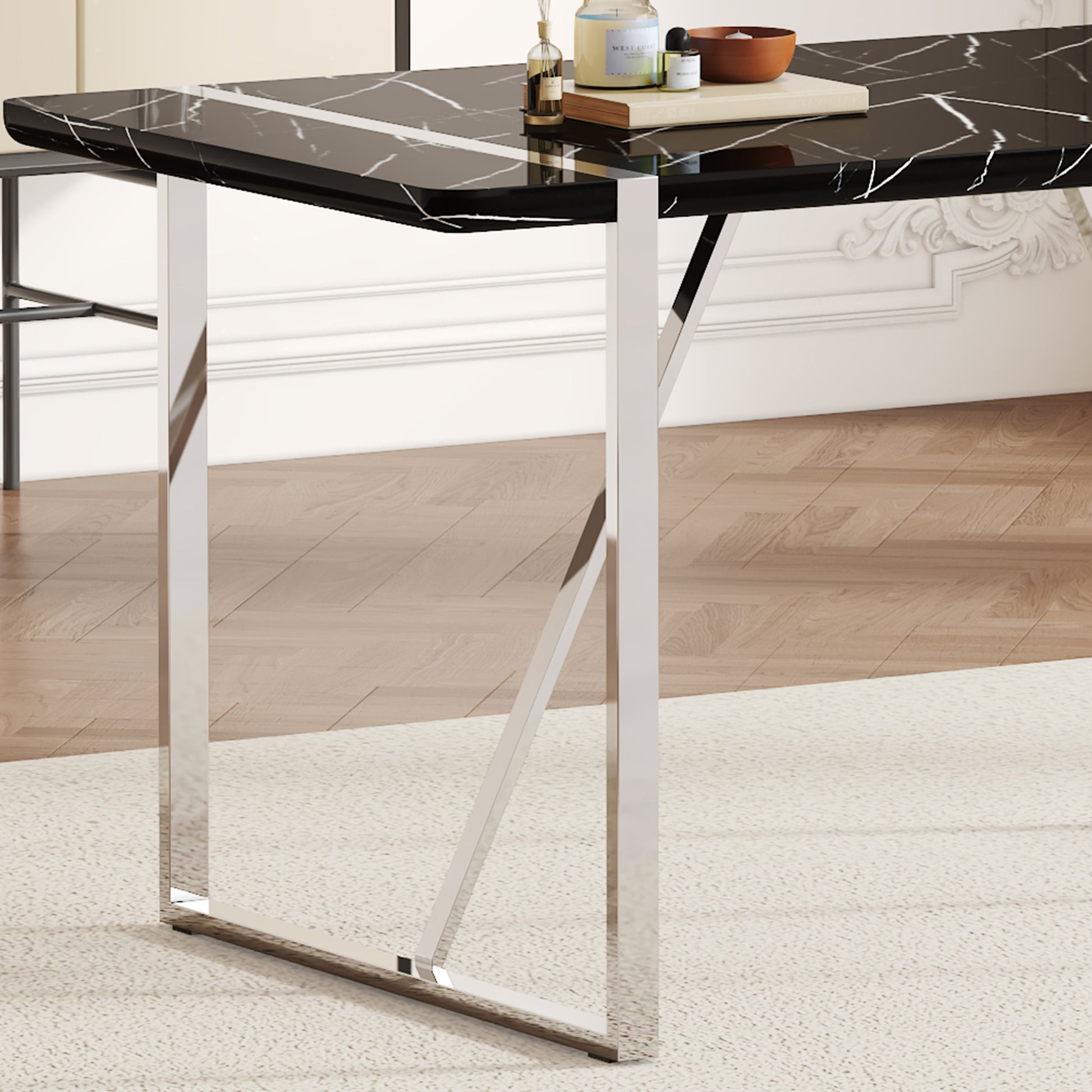 Table And Chair Set.A Rustic Industrial Rectangular Mdf Black Dining Table With Mdf Desktop And Electroplated Silver Metal Legs.Paried With 6 Chairs With Pu Cushion And Metal Legs. Black,Light Gray,Silver Seats 6 Mdf Metal