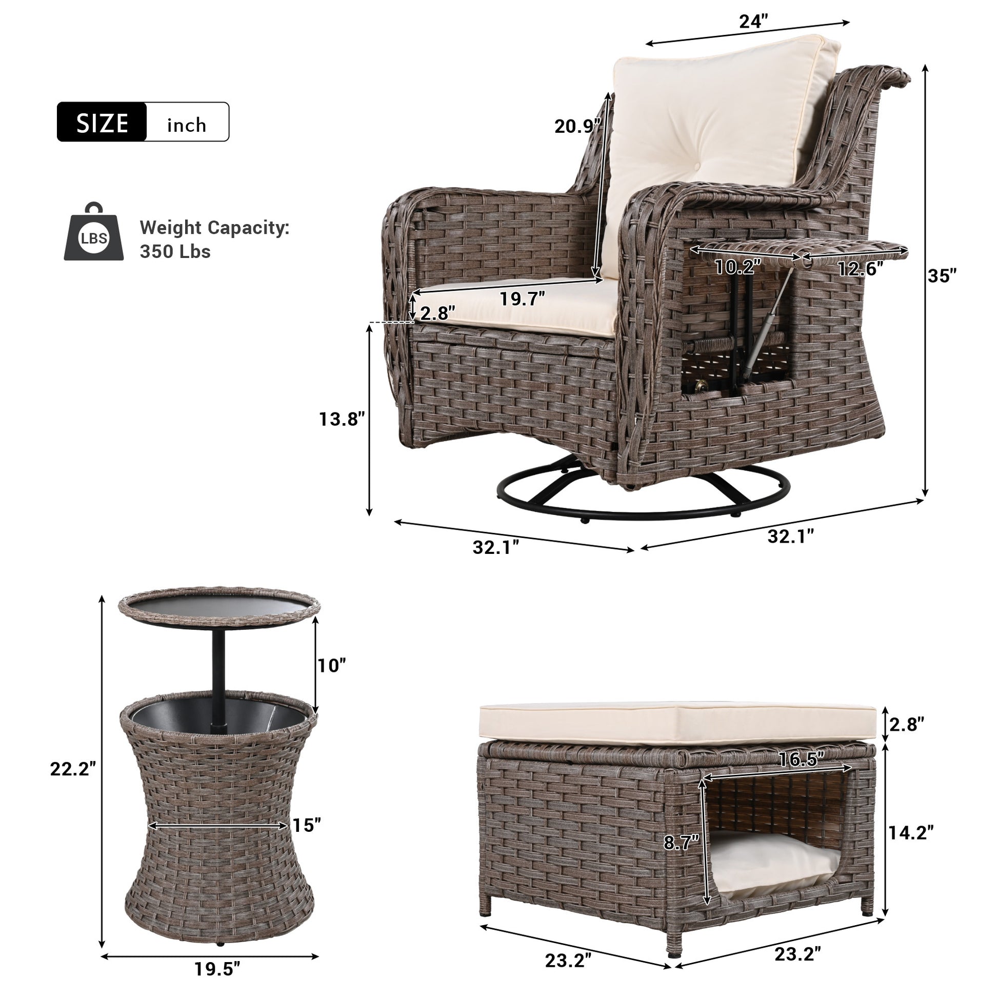 K&K 5 Pieces Outdoor Patio Furniture Set With Pet House Cool Bar And Retractable Side Tray, Rattan Wicker Patio Swivel Rocking Chairs Set Of 2 With Ottomans For Backyard, Porch, Balcony, Beige Yes Rocker & Glider Brown Beige Seats 2 Weather Resistant