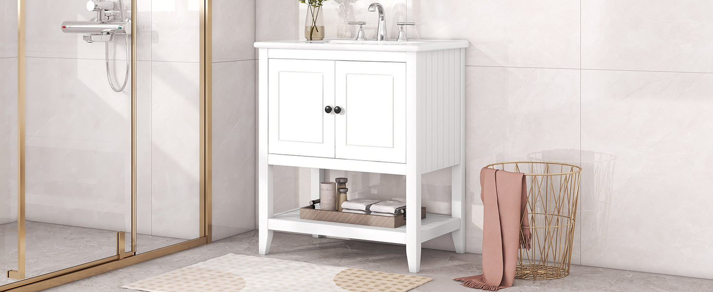 30" White Modern Sleek Bathroom Vanity Elegant Ceramic Sink With Solid Wood Frame Open Style Shelf & Door Shelf Design White Solid Wood