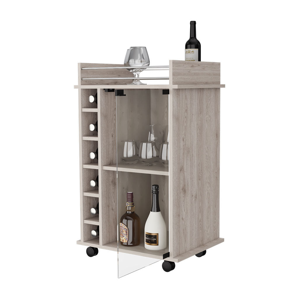 Vegas Bar Cart With 2 Tier Cabinet With Glass Door And 6 Cubbies For Liquor Light Gray Particle Board Engineered Wood