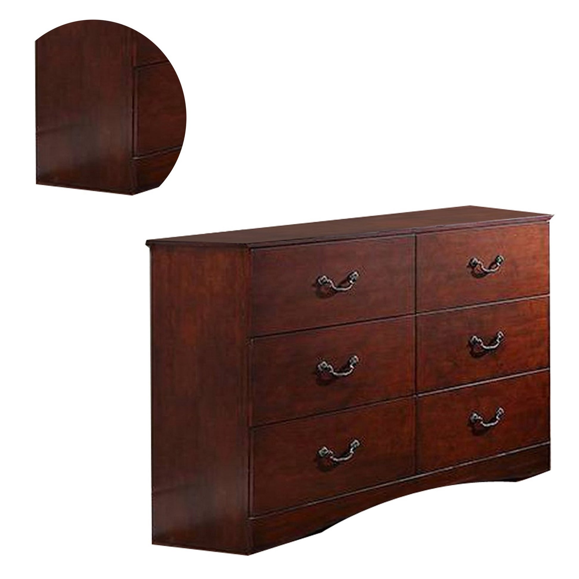 Bran 54 Inch 6 Drawer Dresser, Pine Wood, Grain Details, Cherry Brown Brown Wood