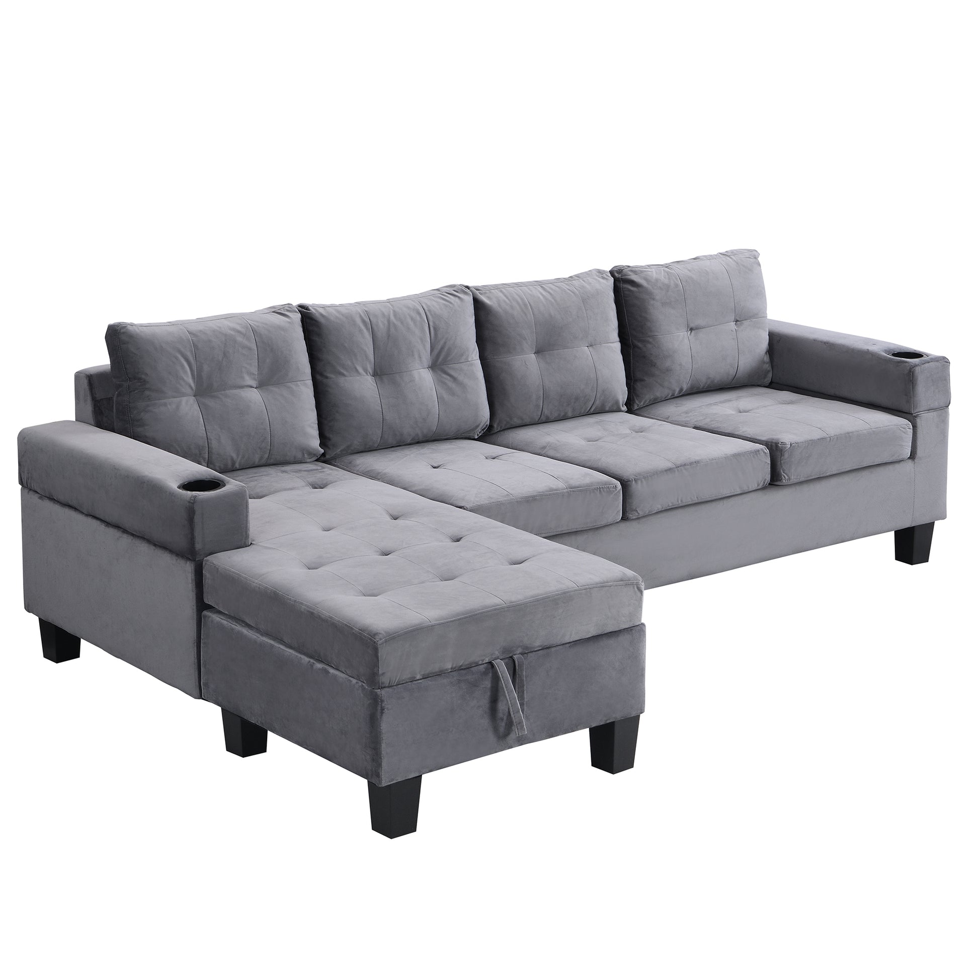 Sectional Sofa Set For Living Room With L Shape Chaise Lounge ,Cup Holder And Left Hand With Storage Chaise Modern 4 Seat Grey Grey Fabric 4 Seat