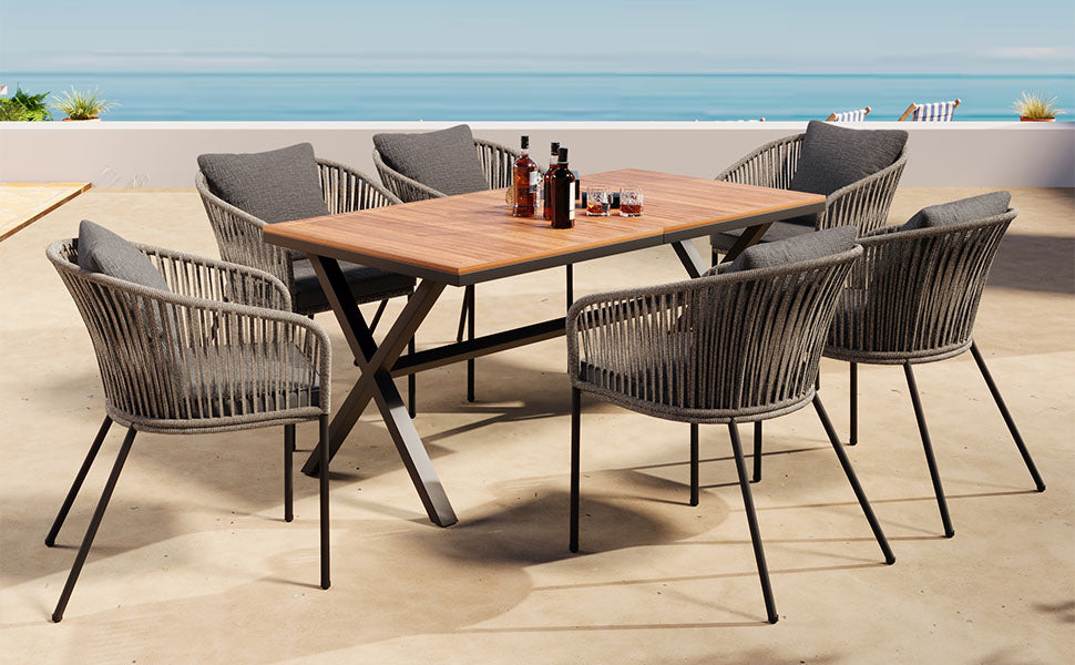 7 Pieces Patio Dining Set, All Weather Outdoor Furniture Set With Dining Table And Chairs, Acacia Wood Tabletop, Metal Frame, For For Garden, Backyard, Balcony, Grey Yes Grey Seats 6 Garden &