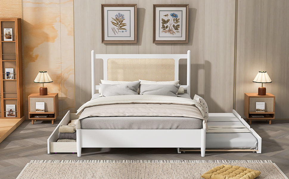 Queen Size Wooden Rattan Platform Bed, With 2 Big Drawers, T Size Trundle, White Queen White Plywood