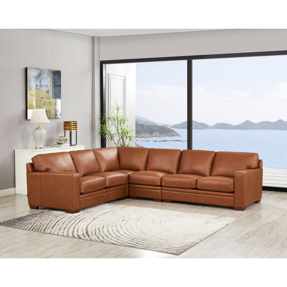 Dillon Leather L Shaped Sectional Brown Genuine Leather Wood Primary Living Space Medium Firm Cushion Back Mid Century Modern L Shaped Eucalyptus Square Arms Down Filling Leather 6 Seat