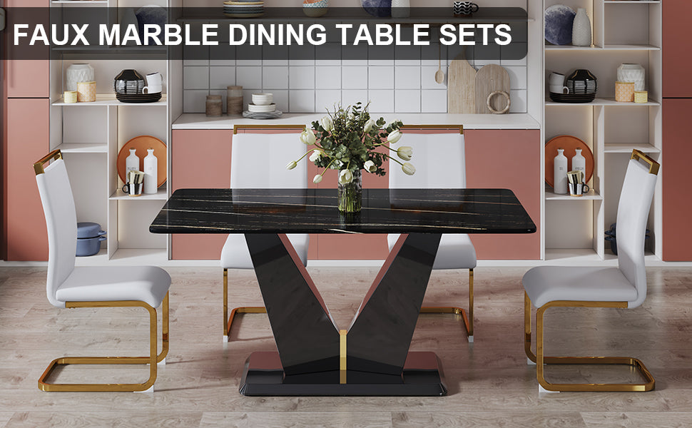 Table And Chair Set,Modern Minimalist Rectangular Dining Table, 0.4 Inch Thick, With A Black Imitation Marble Pattern Glass Desktop And Black Mdf Legs. Comfortable Pu Seats,Perfect For Dinner, Meet White Black Seats 4 Mdf Glass