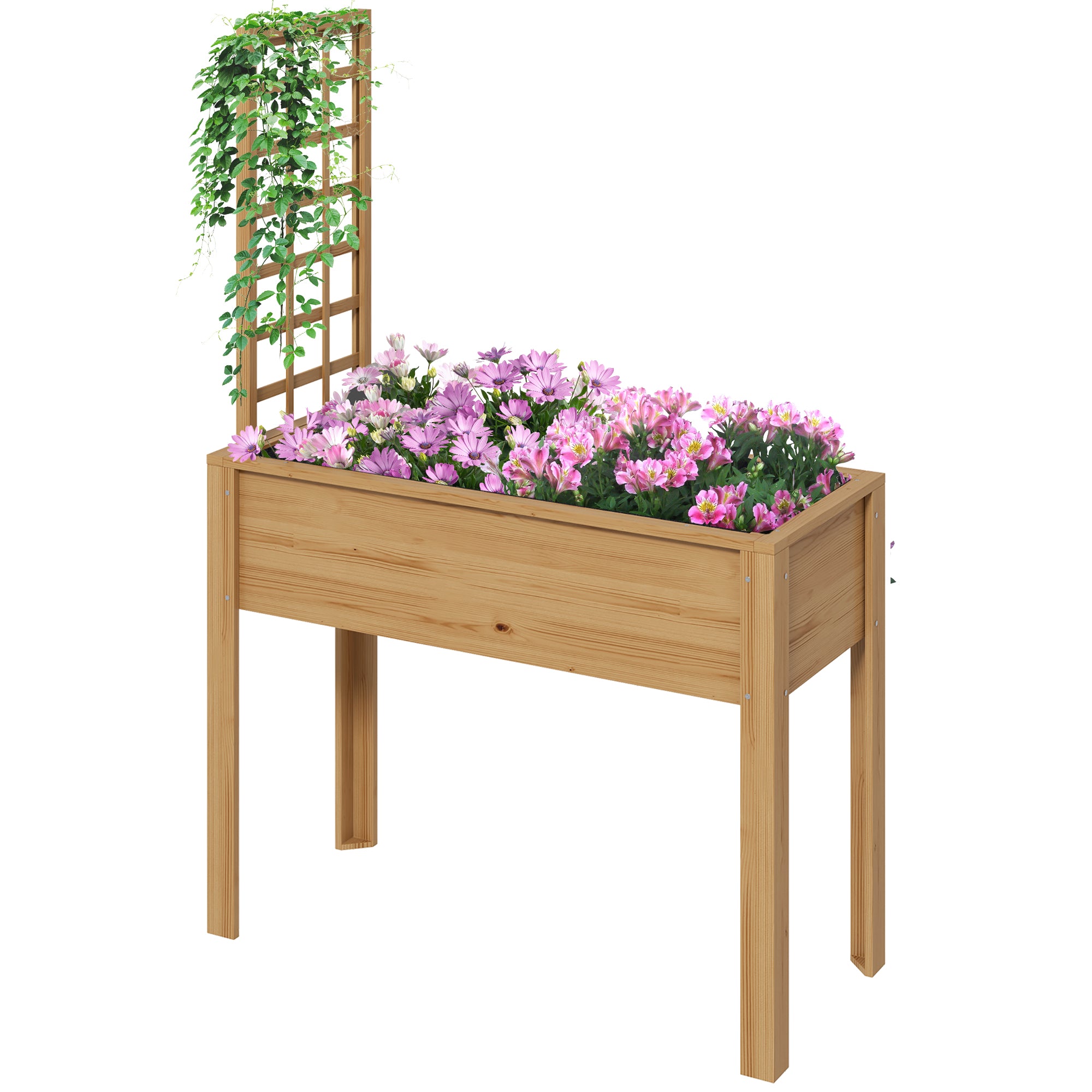 Outsunny Raised Garden Bed With Trellis For Climbing Plants, Elevated Wood Planter With Drainage Holes, Filter And Legs For Vegetable, Flowers, Natural Natural Wood