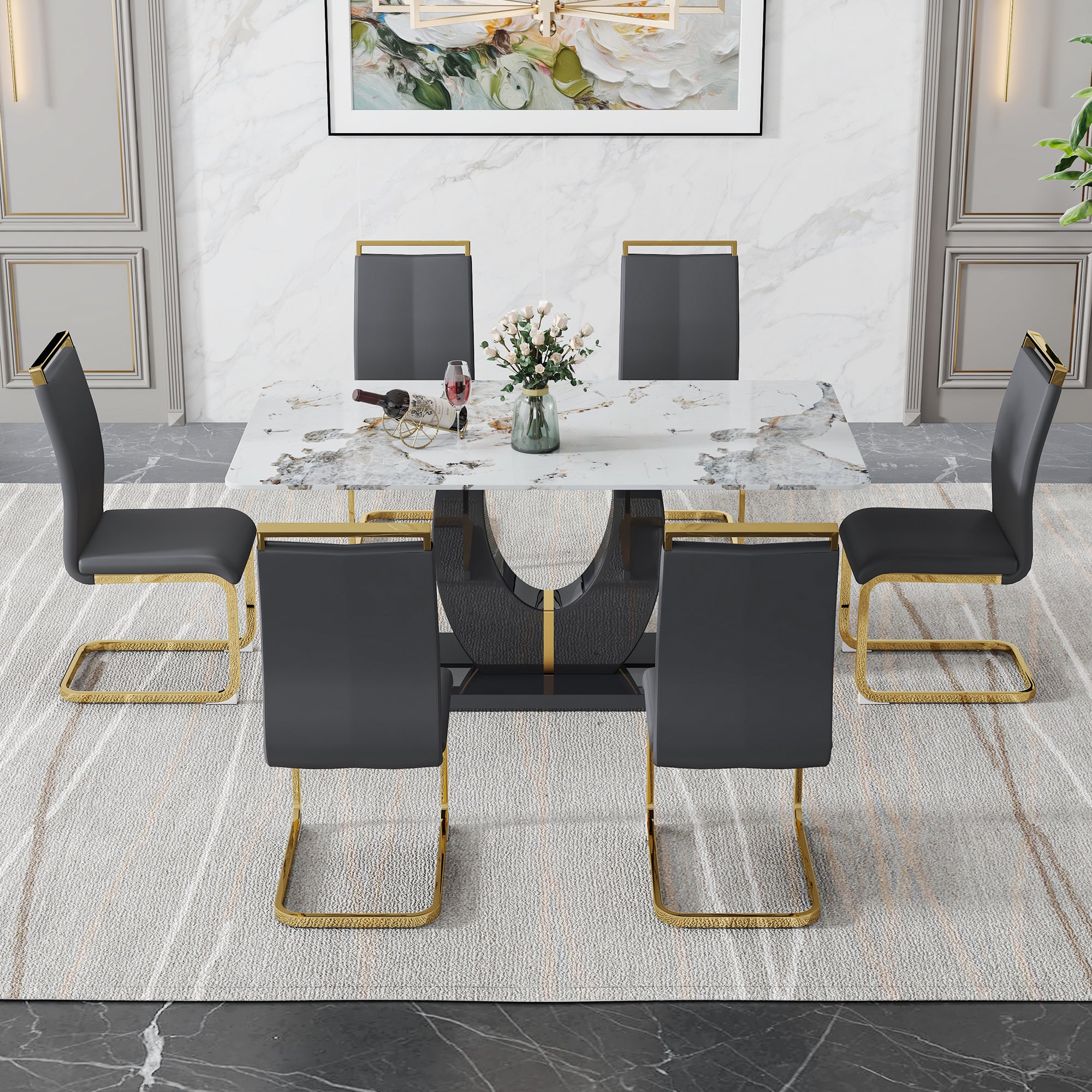 Table And Chair Set, Modern Dining Table, Patterned Table Top And Black Mdf Table Leg, Soft And Comfortable Dining Chair, Perfect For Dinner, Meetings, Home And Office Decor Black Grey Mdf Glass