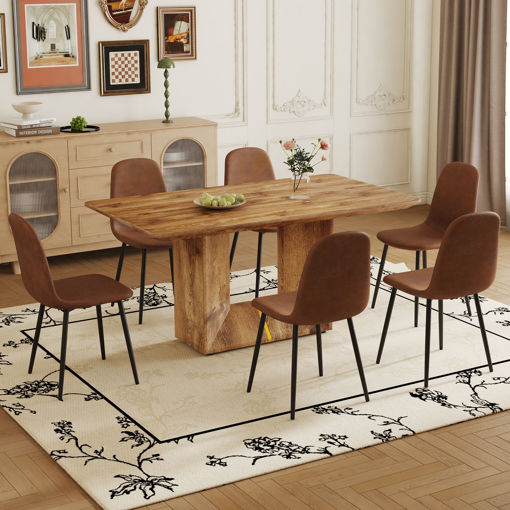 Table And Chair Set. Modern Dining Table With Mdf Top And Beautiful Mdf Legs. Comes With Brown Comfortable Chair With Seat And Metal Legs. Suitable For A Wide Range Of Decorative Styles. Brown,Wood Seats 6 Mdf