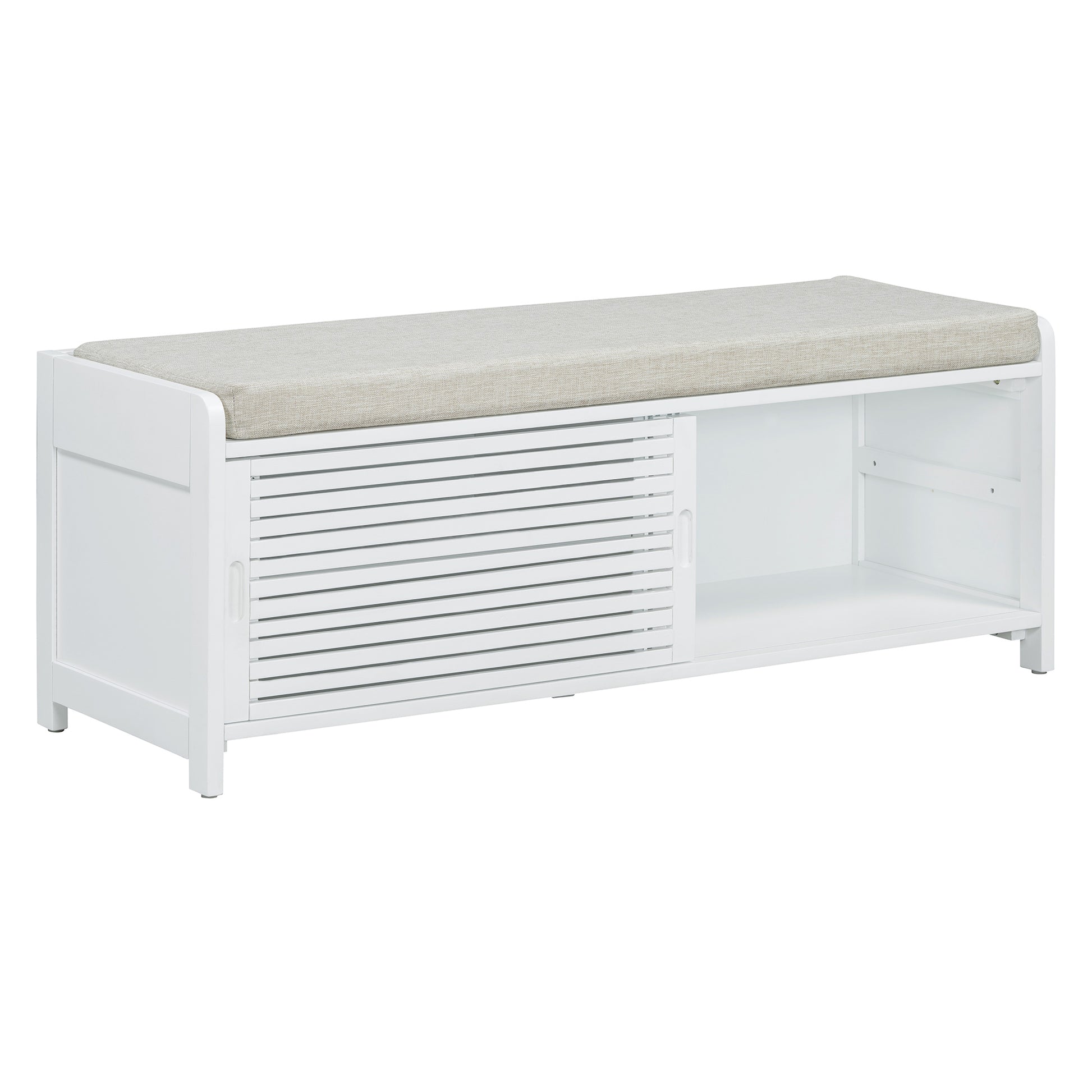 Distressed Shutter Storage Bench With Acacia Veneer For Retro Charm For Living Room, Entryway White White Mdf