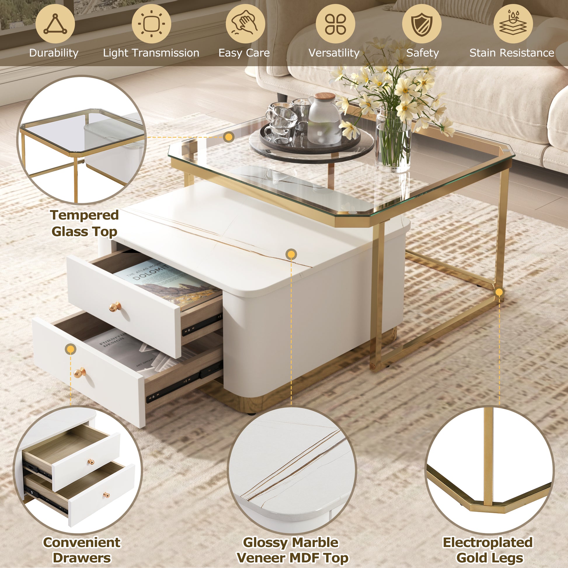 Modern 2 Pieces White Square Nesting Coffee Table With Drawers & Electroplated Gold Legs In 27.6'' Golden White Square Drawers Coffee & End Tables Glossy Square Mdf Glass Mdf Pedestal
