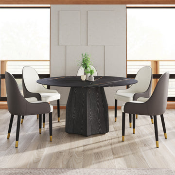 59.05" Round Marble Dining Table With Black Textured Solid Wood Base, Artificial Marble For 6 8 People, Dining Room Living Room Kitchen Dining Table,Black Dining Table Only Black Dining Room Modern