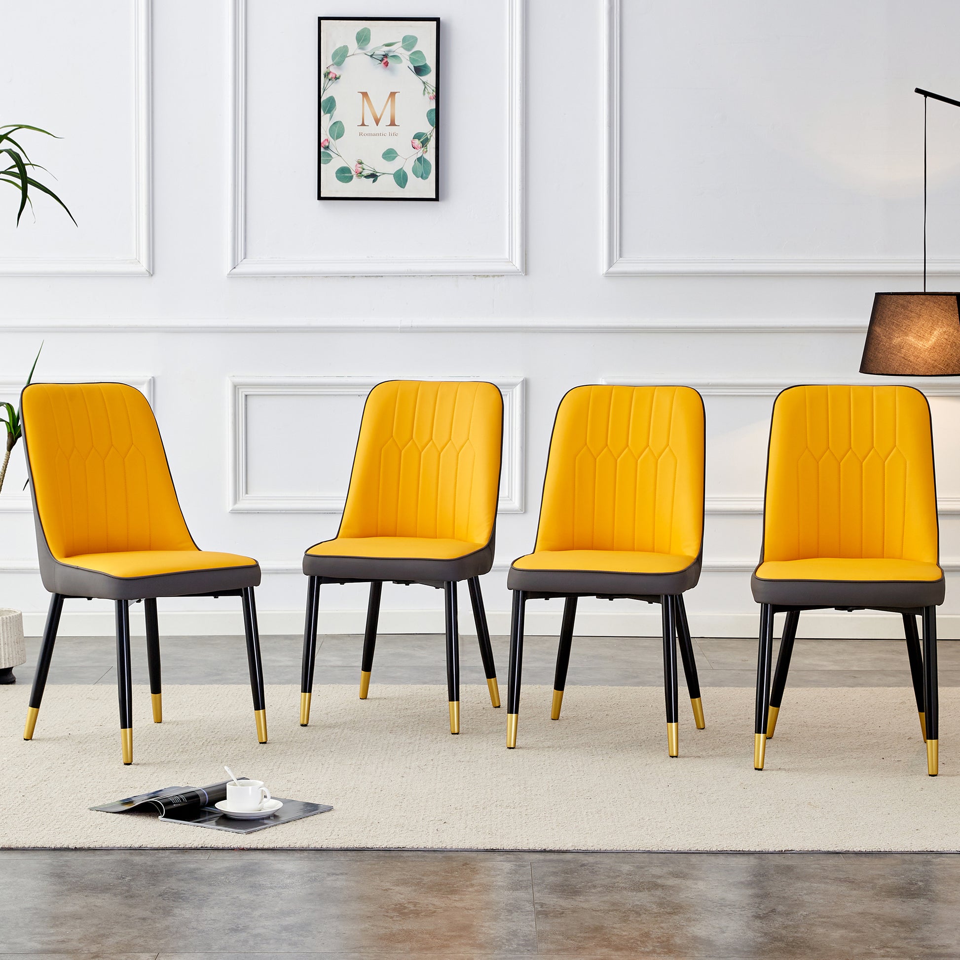 Large Modern Minimalist Rectangular Dining Table With 0.39 "Imitation Marble Black Desktop And Gold Metal Legs, Paired With 8 Chairs With Pu Cushions And Black Metal Legs.F 1538 C 007 Black Gold