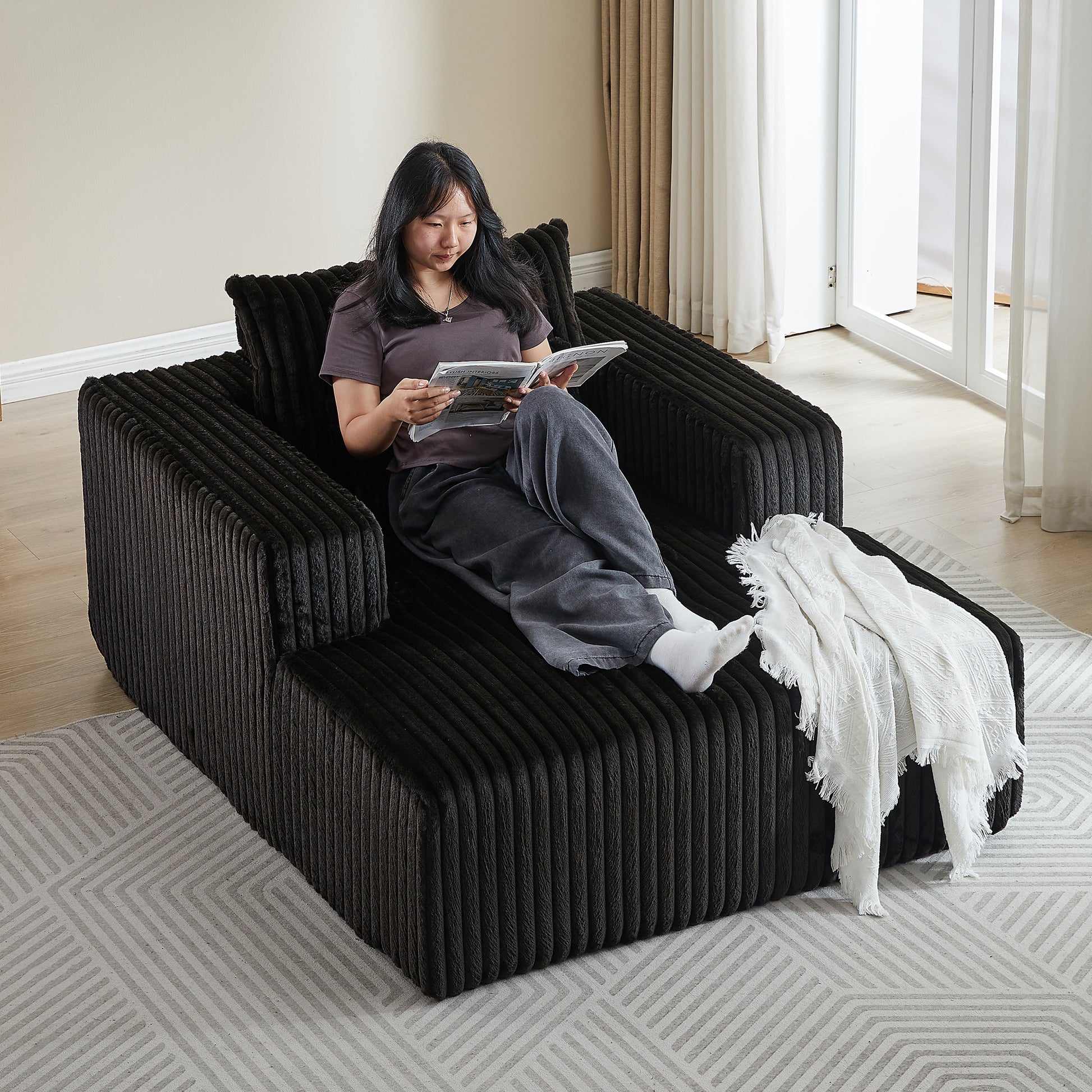 62.5 Inch Corduroy Sponge Sofa Lounge Chair,No Assembly Required,Fluffy Modern Sleeper Chair For Indoor Living Room Bedroom Black Foam Corduroy 1 Seat