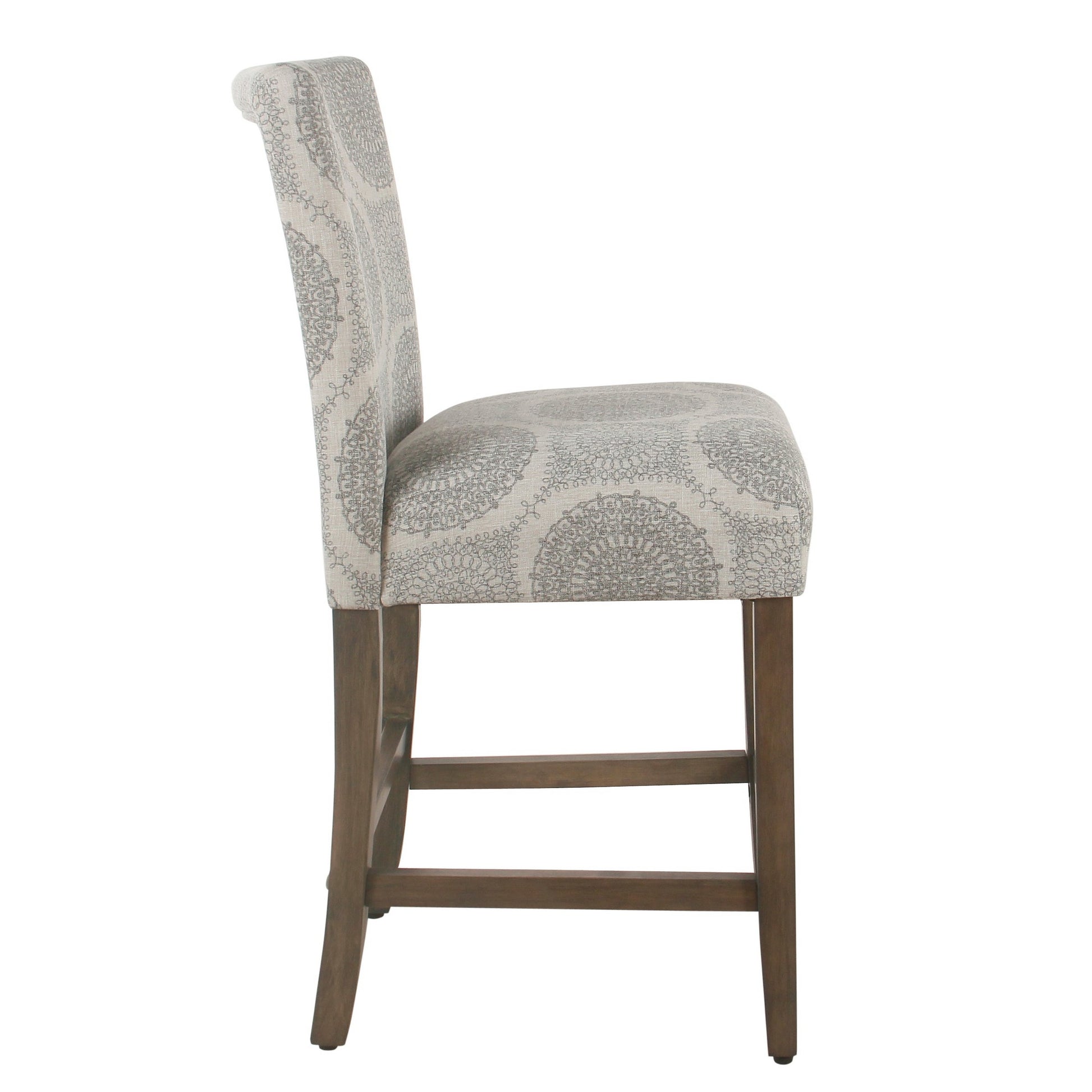 Wooden Counter Height Stool With Medallion Pattern Fabric Upholstery, Gray Gray Wood Fabric