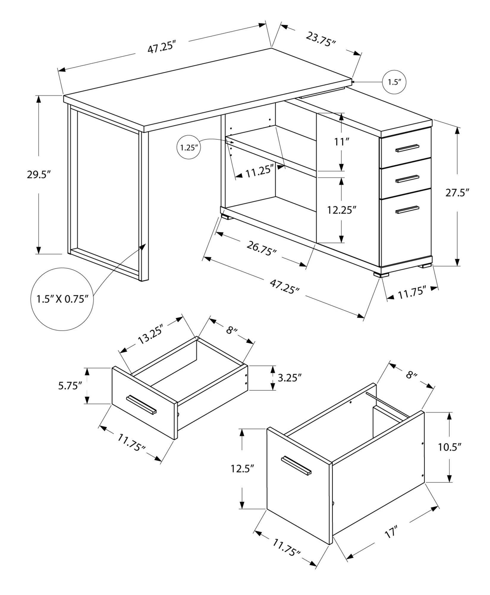 Computer Desk, Home Office, Corner, Left, Right Set Up, Storage Drawers, L Shape, Work, Laptop, Black And Grey Laminate, Black Metal, Contemporary, Modern Black Particle Board