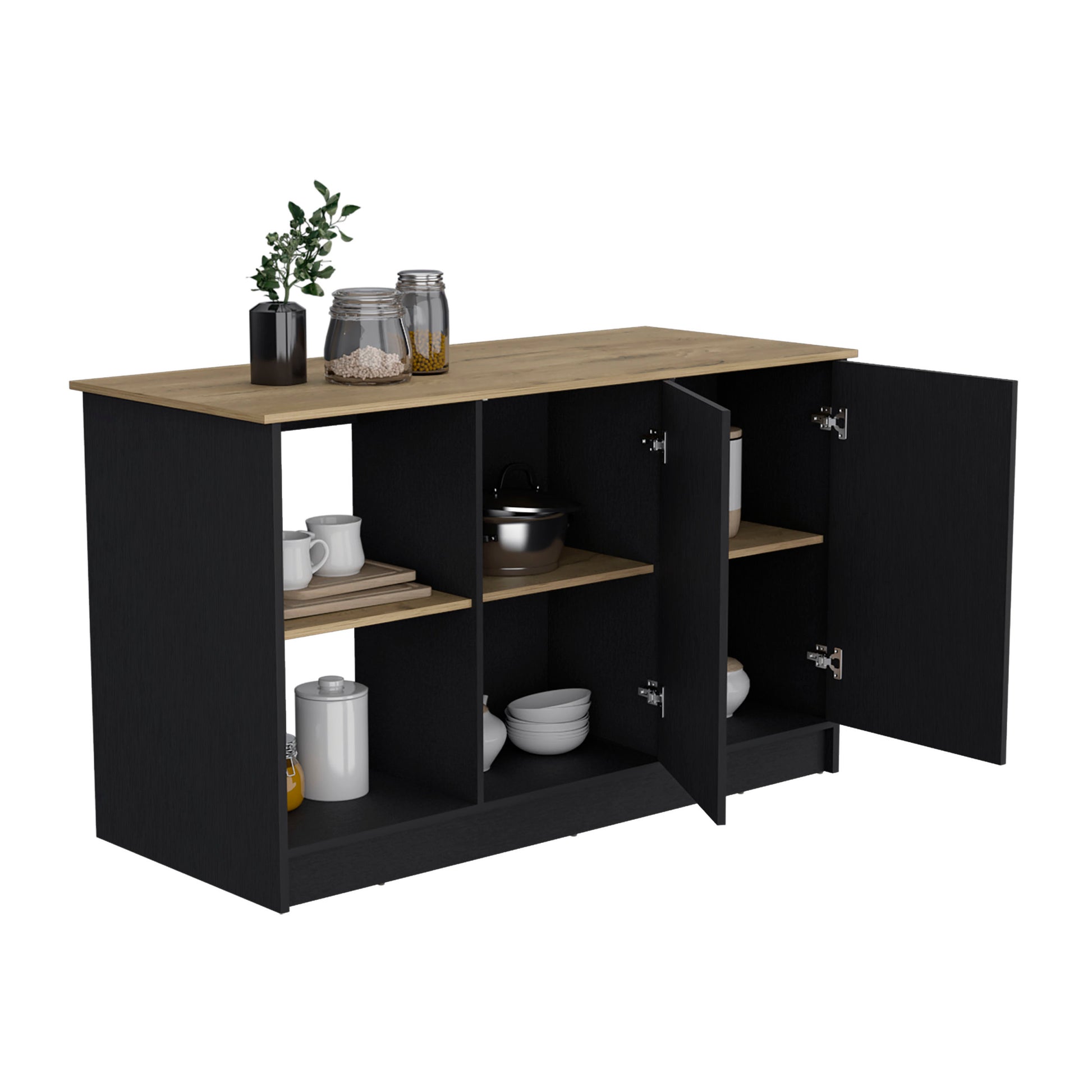 Juniper Kitchen Island With Large Top Surface, Double Door Cabinet, And Open Shelves Multi Kitchen Modern Rectangular Stationary Kitchen Islands Particle Board Medium 40 55In