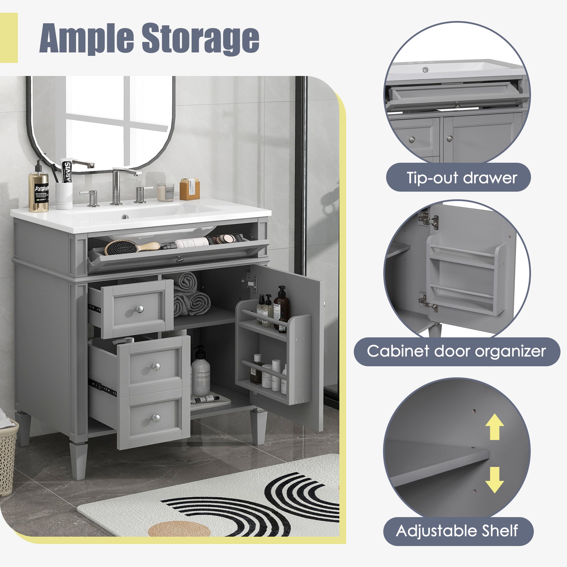 30'' Bathroom Vanity With Top Sink, Modern Bathroom Storage Cabinet With 2 Drawers And A Tip Out Drawer, Single Sink Bathroom Vanity Grey Modern Mdf Ceramic,Solid Wood Mdf