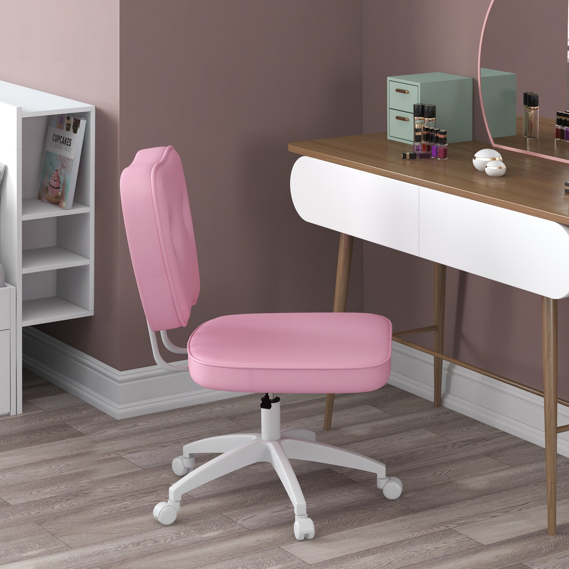 Vinsetto Cute Armless Office Chair, Small Pu Leather Computer Desk Chair, Vanity Task Chair With Adjustable Height, Swivel Wheels, Mid Back, Pink Pink Faux Leather