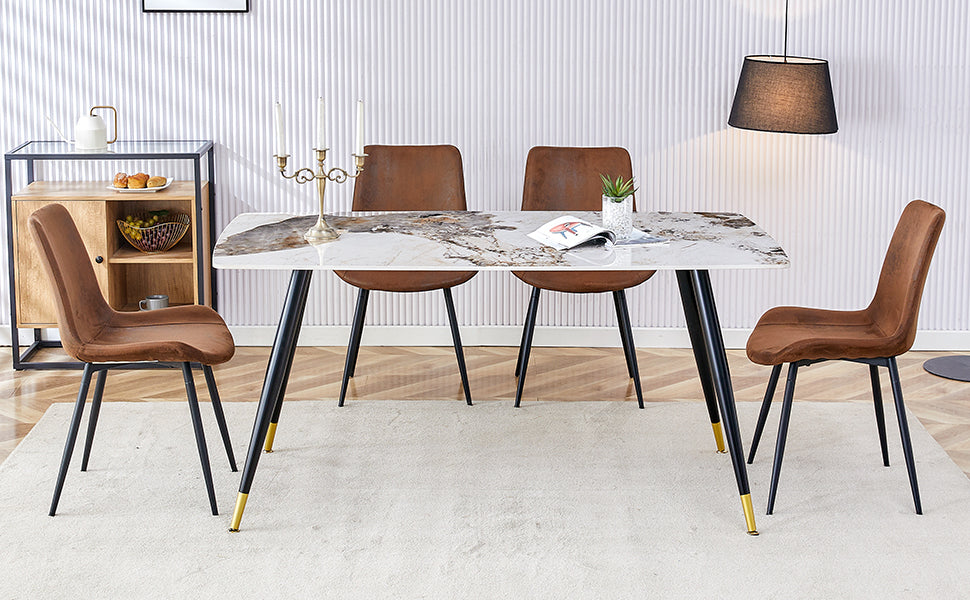 Table And Chair Set,Imitation Marble Texture Rock Board Table Top, Black Metal Table Legs, Stable And Beautiful. Modern Simple Dining Table, Comfortable Seating. Brown White Seats 4 Metal