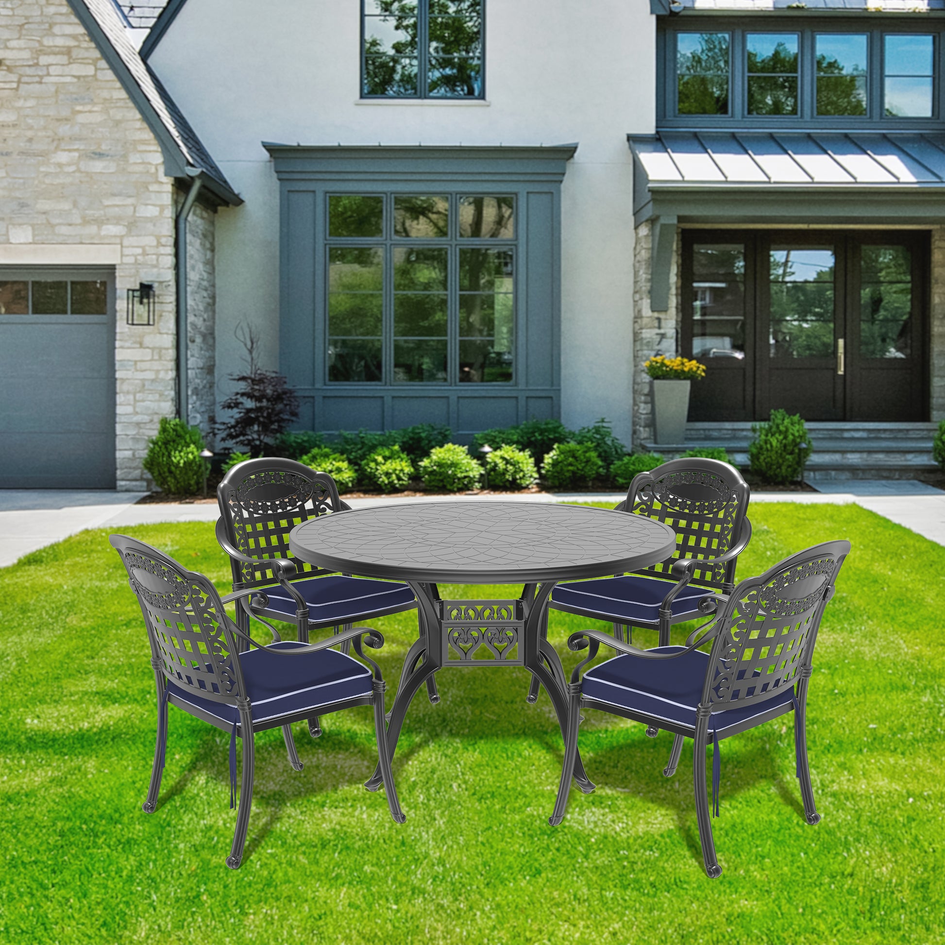 Cushions In Random Colors 5 Piece Set Of Cast Aluminum Patio Furniture With Cushions Yes Dining Set Black Seats 4 Rust Resistant Frame Water Resistant Cushion Garden & Outdoor Complete Patio Sets Aluminium