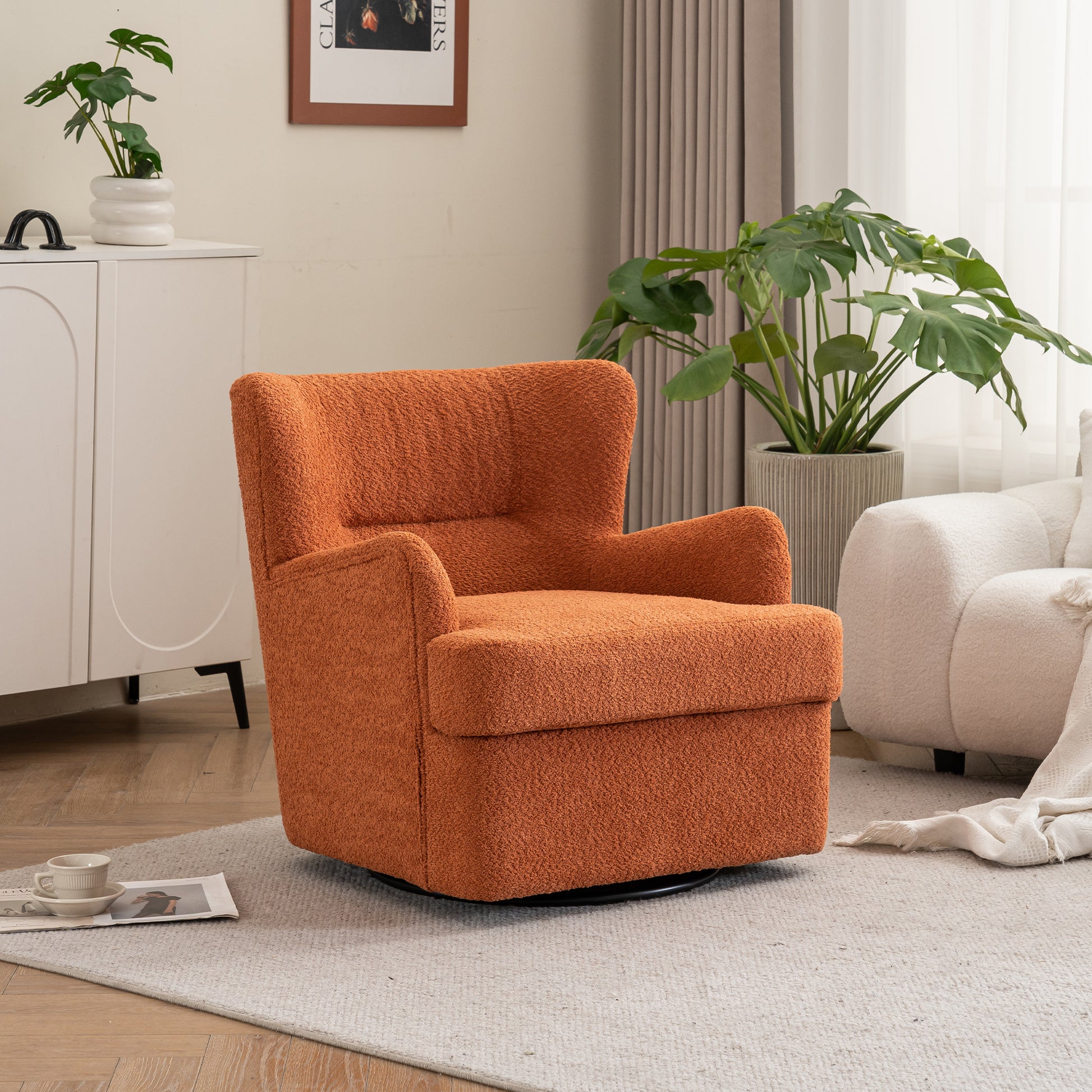 Modern Luxury Velvet Swivel Chair, 360 Swivel Comfort Round Armchair, Single Sofa Chair With Lounge Seat For Bedroom Office Reading Space, Set Of 1 ,Orange Orange Wood