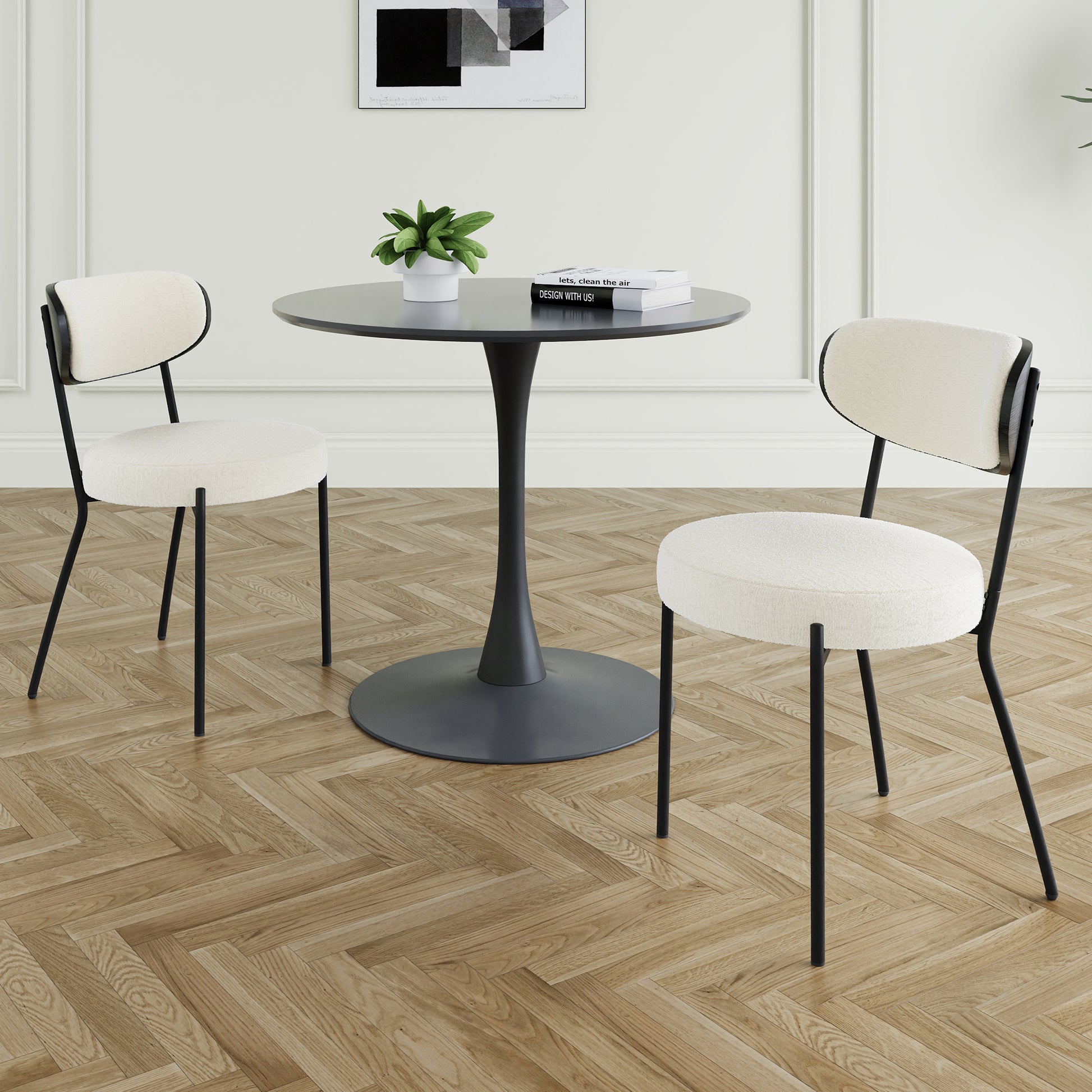 Modern Grey Simple Teddy Velvet Dining Chair Upholstered Chair Family Bedroom Stool Back Dressing, Black Round Table Set,Bentwood Covered With Ash Veneer Chair Back,Chair Black Metal Legs Set Of 3 Black Mdf