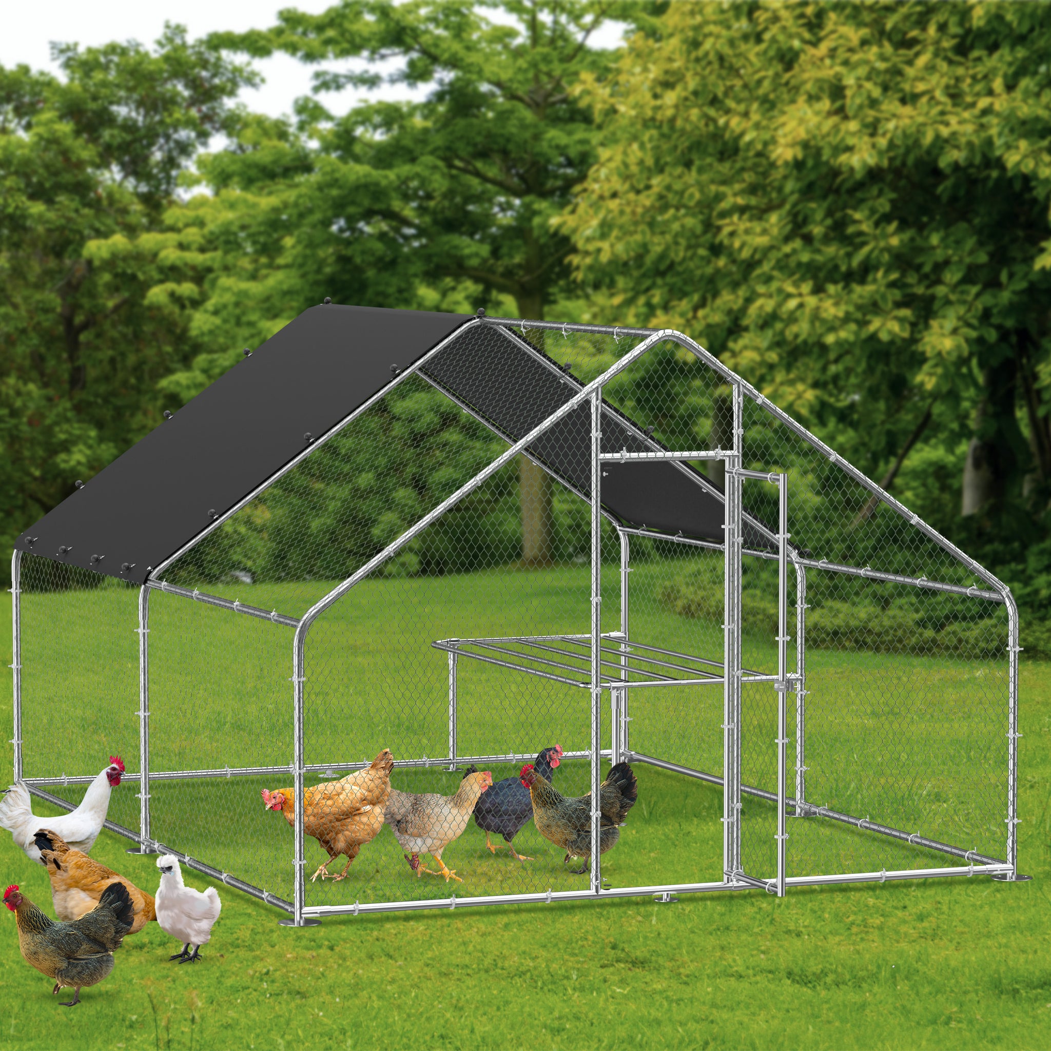 Large Metal Chicken Coop, Walk In Chicken Coop, Galvanized Wire Poultry Chicken Coop, Rabbit Duck Coop With Waterproof And Uv Protection Cover For Outdoor, Backyard And Farm. 9.8' W X 13.1' L X 6.6'